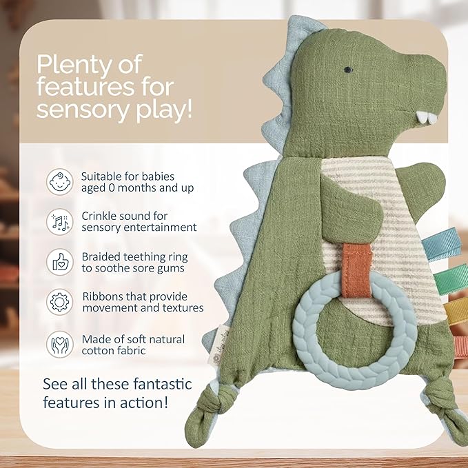 Itzy Ritzy - Bitzy Crinkle Sensory Toy Dinosaur with Crinkle Sound for Babies & Toddlers - Features Soft Braided Teething Ring & Textured Ribbons, Designed for Ages 0 Months and Up, Dinosaur