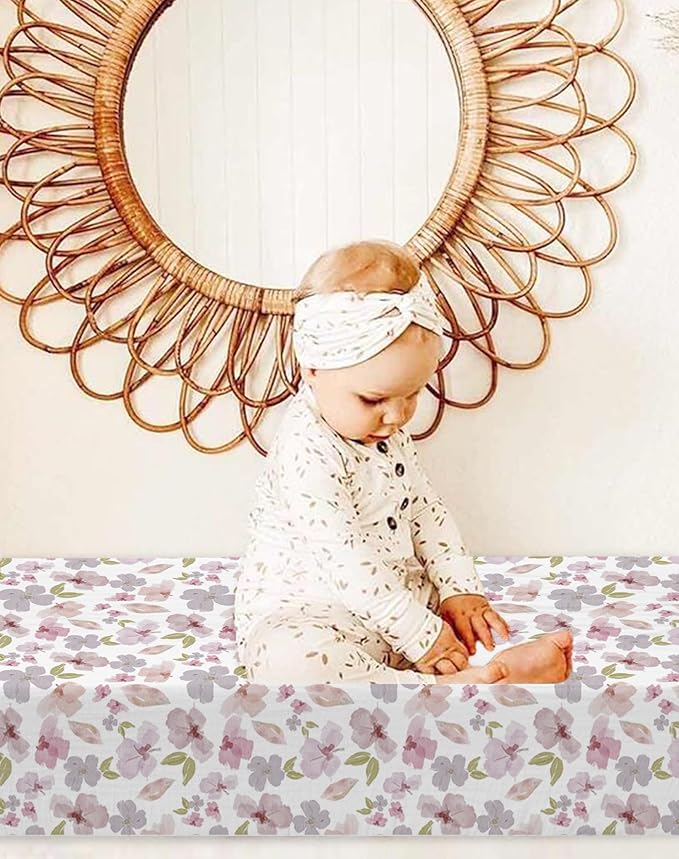 Changing Pad Cover for Baby Boy Girl 2 Pack, Muslin Changing Table Pad Covers with Boho Style, Neutral Nursery Bedding Essentials Soft and Breathable (Purple Petals & White)