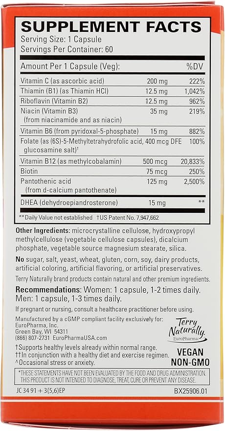Terry Naturally Cortisol Rescue - Adrenal Health & Energy Support Supplement - Vitamin C & Riboflavin Formula - Vegan Supplement with Vitamin B12, Biotin & DHEA - 60 Capsules (60 Servings)