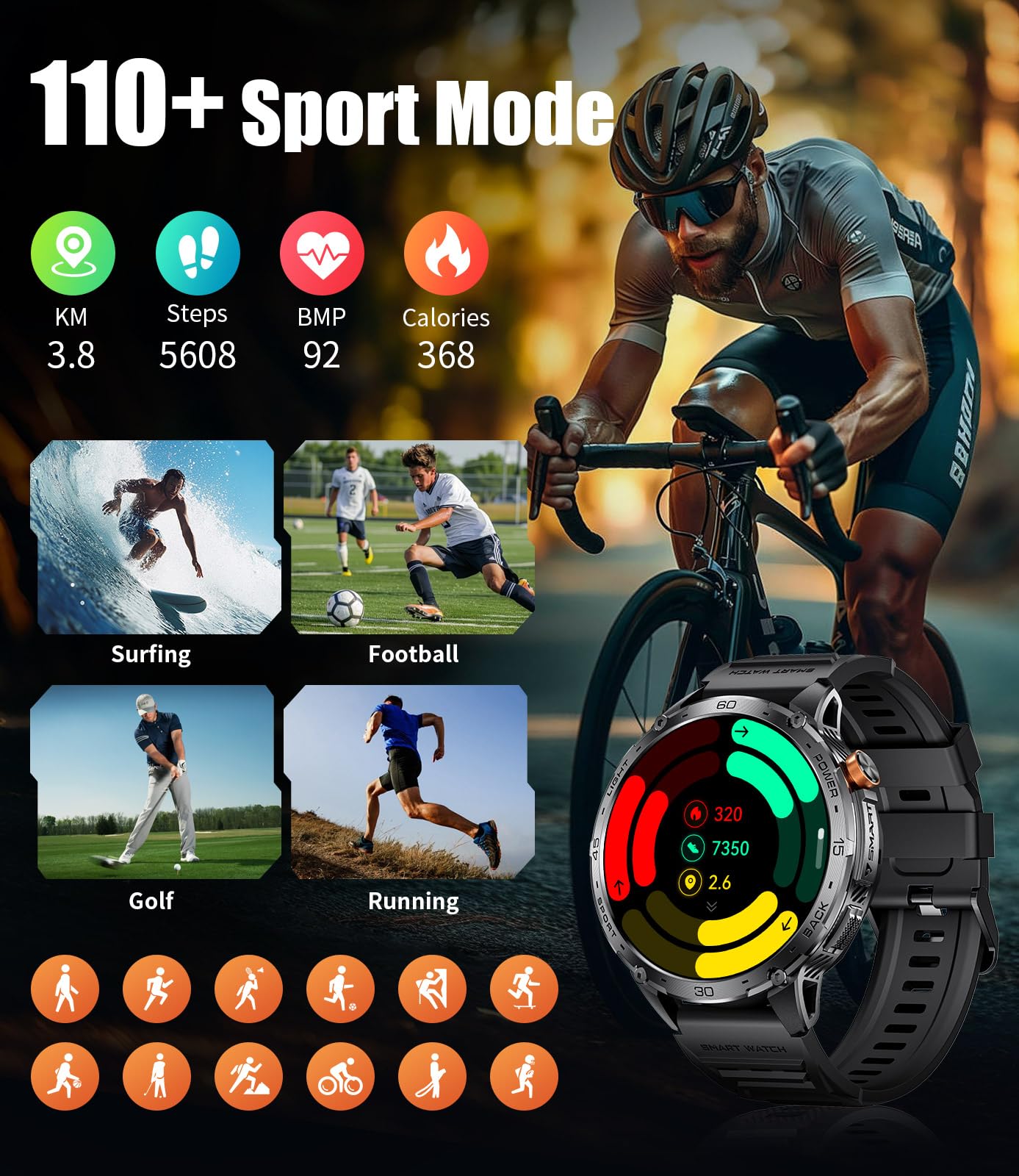 LIGE Military Smart Watch for Men, 730mAh/1.75" Large HD AMOLED Touchscreen Smartwatches with LED Flashlight for Android iOS, Fitness Tracker with 110+ Sport Modes/Heart Rate/Sleep Monitor,Black
