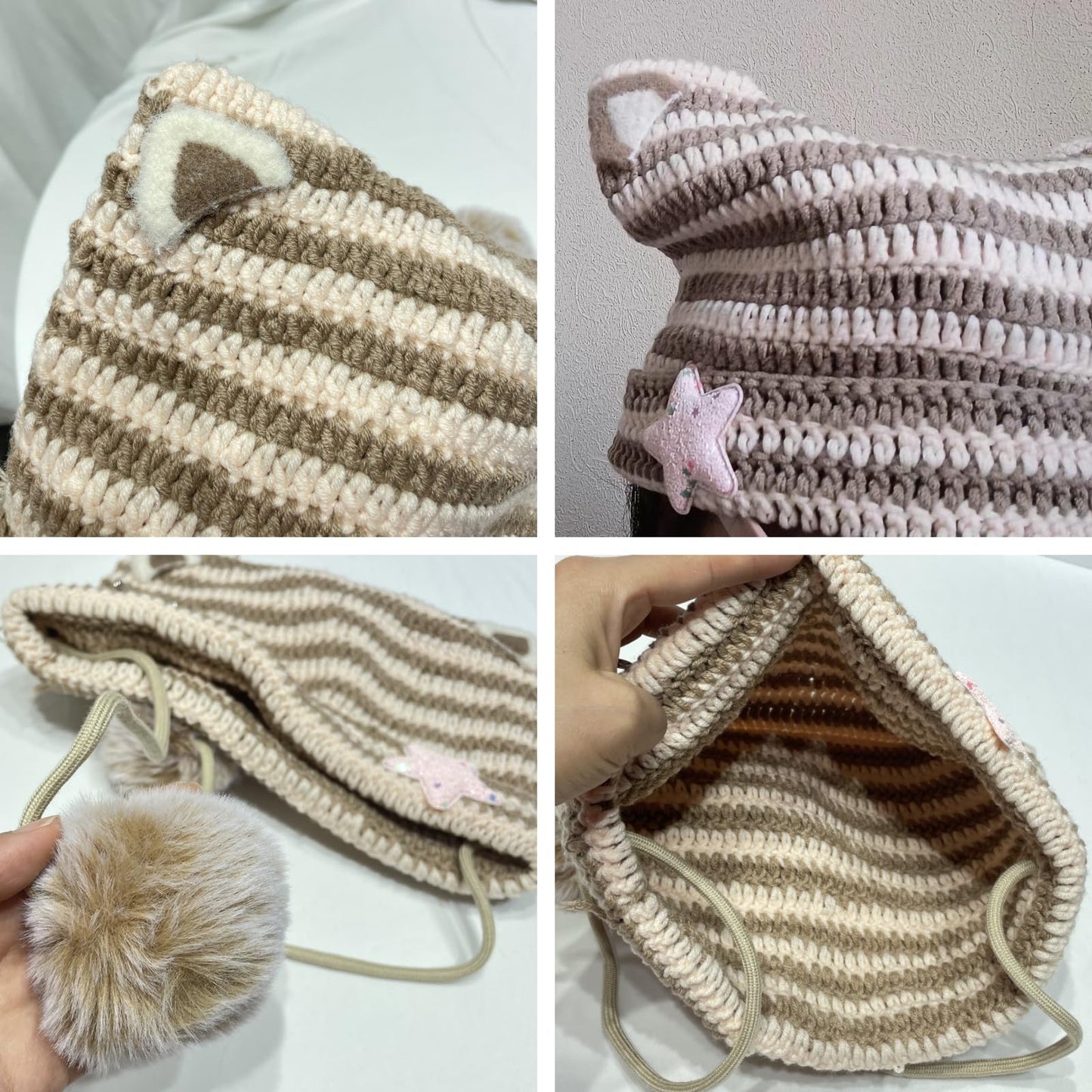 Women Y2K Cat Ear Beanie Hat with Pom Poms Star Accessories Goth Grunge Crochet Knitted Slouchy Skully Caps Alt Emo Clothes (Khaki-Beige)