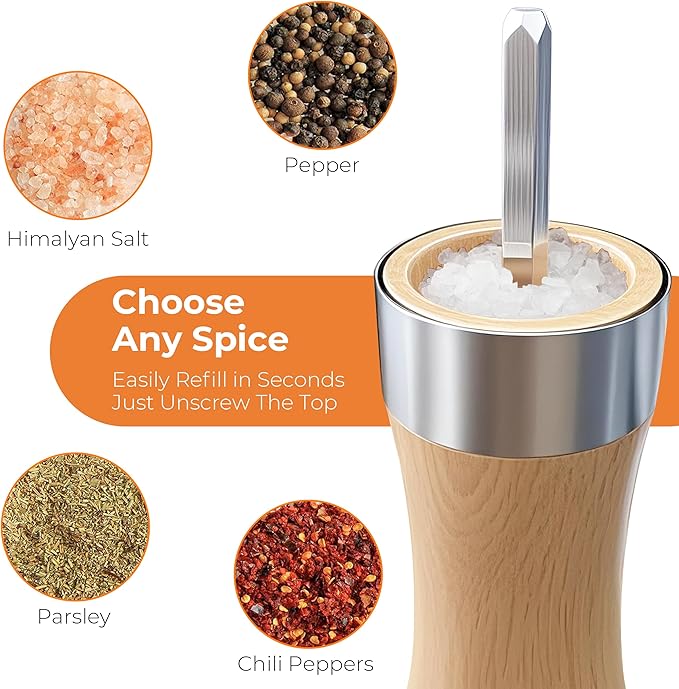 Solid Beech Wood Salt & Pepper Grinder 5PC Set, 9.25inch Manual Mills with Tray & Wooden Spoons, Adjustable Coarseness Ceramic Core,Refillable Non-Slip Base for Kitchen Countertop Dining Decor