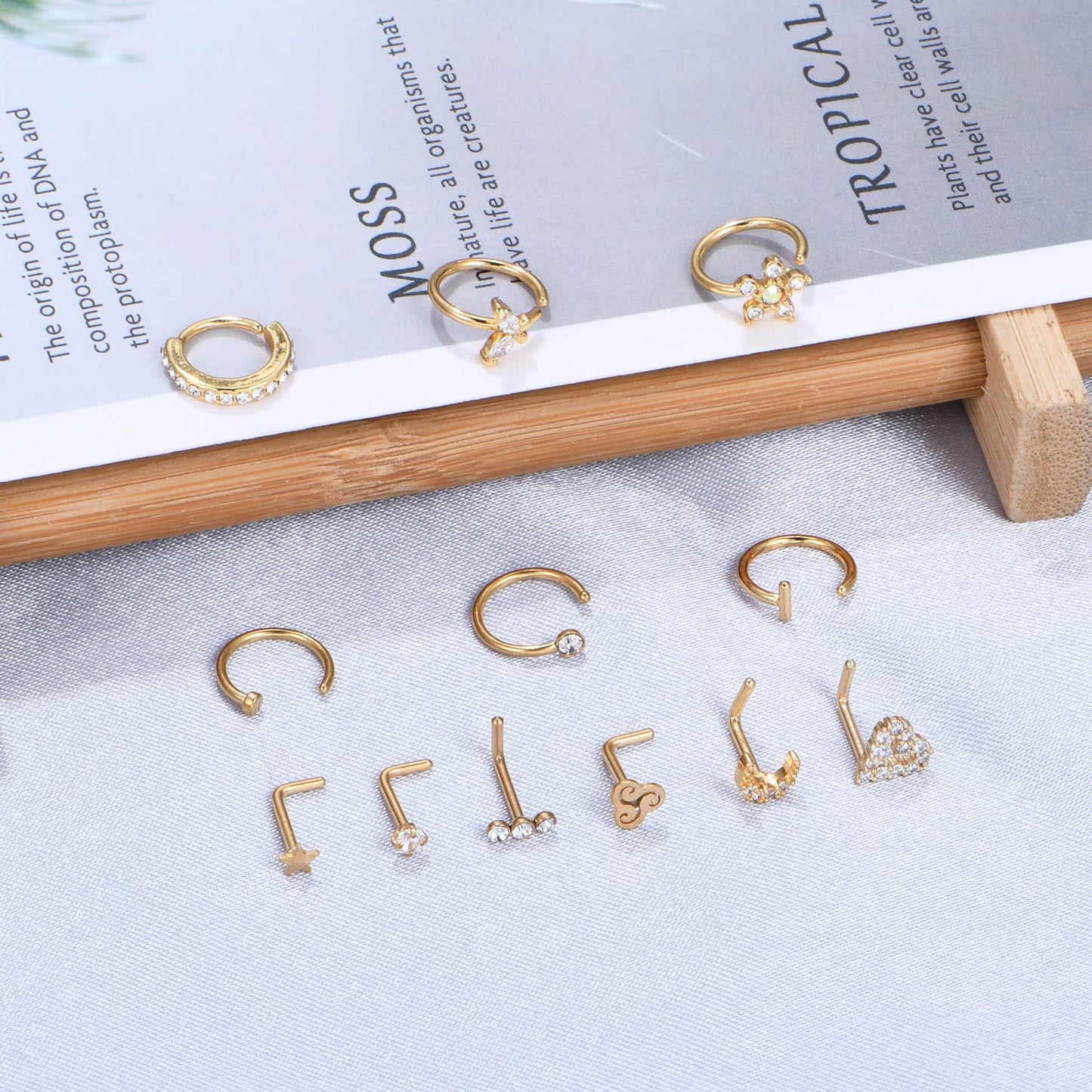 Anicina Nose Rings 18G Hoops Surgical Steel Piercing Kit L Shape Studs for Women CZ Heart Moon Gold Jewelry