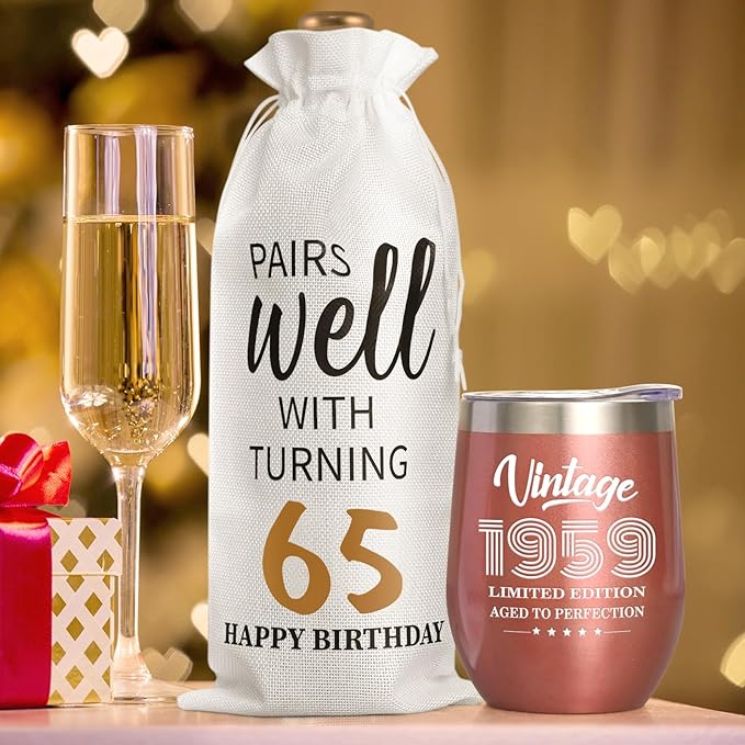 Lifecapido 65th Birthday Gifts for Women, Vintage 1959 Limited Edition Insulated Wine Tumbler with Wine Bag, 65 Year Old Birthday Gifts for Friends Mom Aunt Grandma Wine Lover Woman, 12 oz