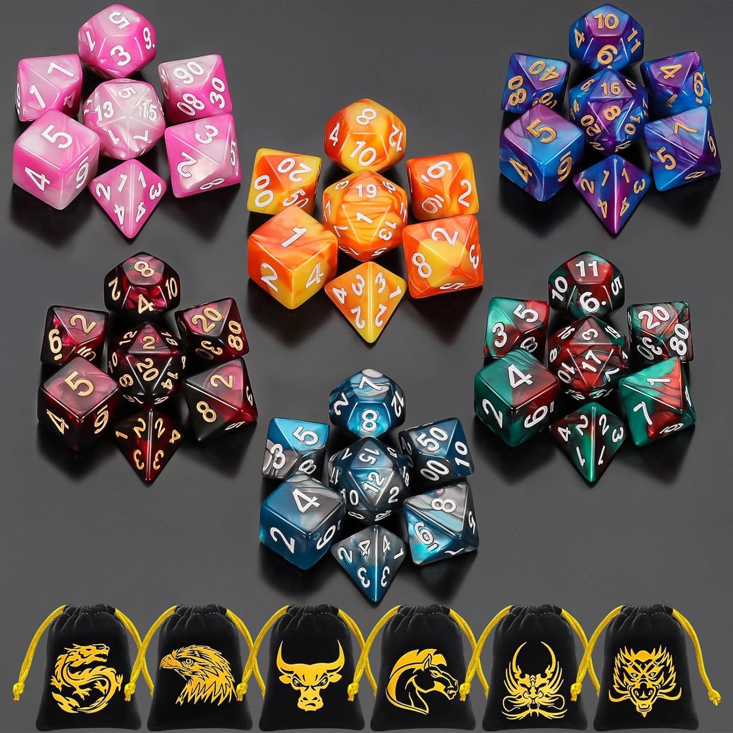 QMay DND Dice Sets - 6 X 7 Polyhedral Dice (42pcs) with 6 Drawstring Bags for Dungeons and Dragons, RPG, MTG,Role Playing Table Game