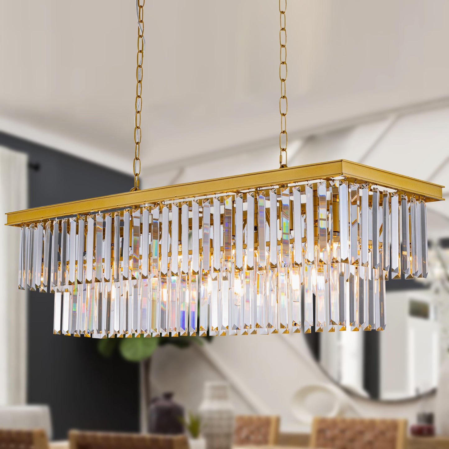 Wellmet Black Chandelier 40 Inch  11-Light Modern Rectangular Crystal Chandelier Ceiling Hanging  Linear Chandeliers Light Fixture For Living Room  Dining Room  Bedroom  Kitchen Island