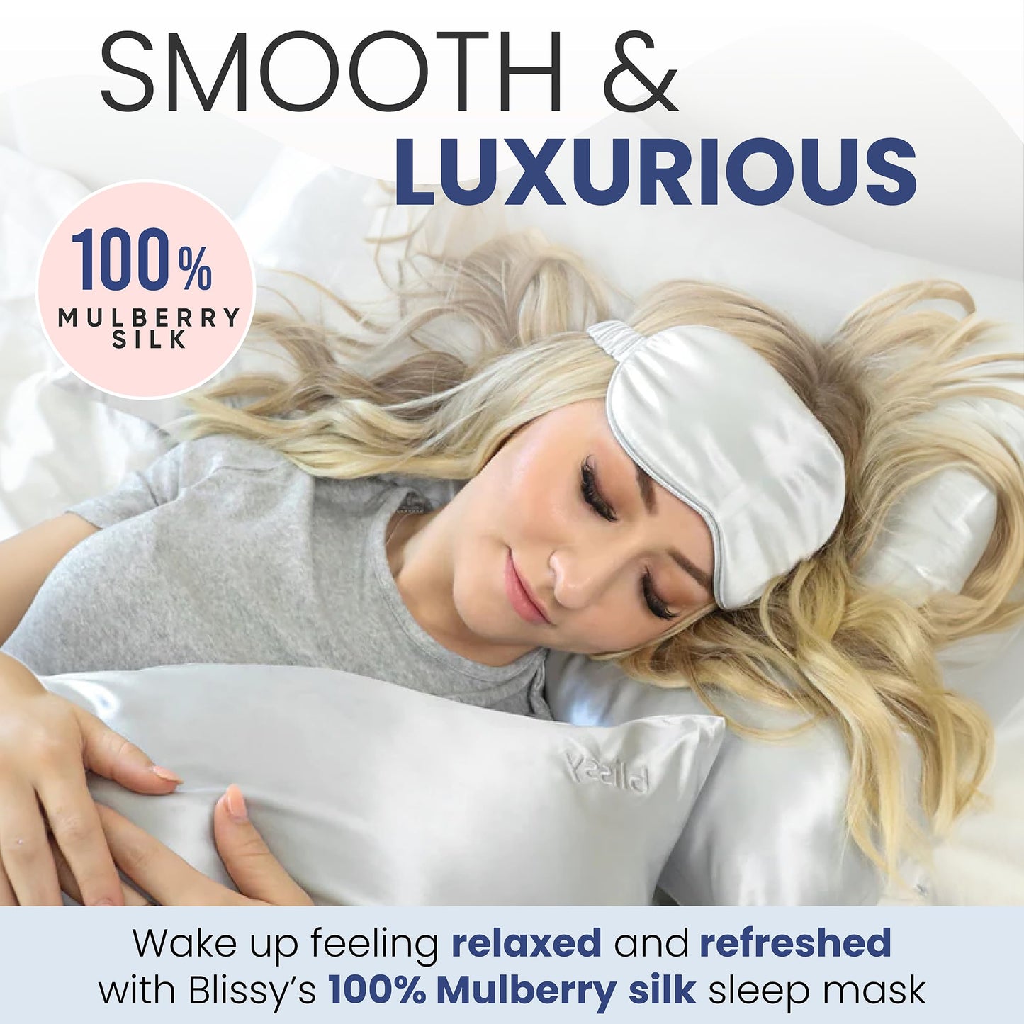 Blissy Silk Sleep Mask - Eye Sleeping Mask for Women & Men for Total Blackout - 100% Pure Mulberry Silk, 22 Momme 6a Fibers - Blindfold Sleep Mask Side Sleeper Eye Cover (Silver)