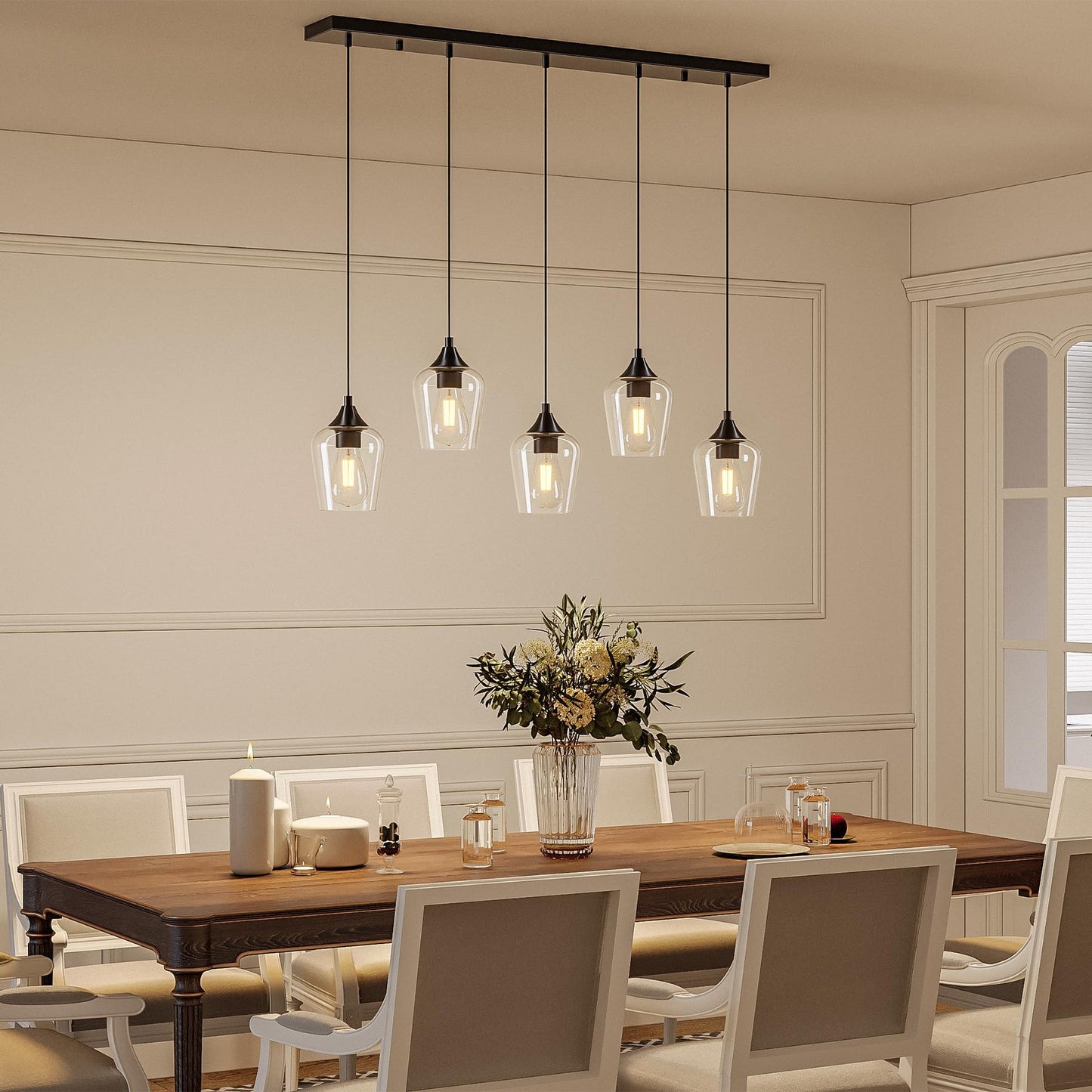 Vonluce 5-Light Pendant Light Kitchen Island  Pendant Light Fixture With 10-55 Height  Modern Pendant Lighting With Wine Glass Shades For Living Room Hallway  Matte Black  Etl Certificated