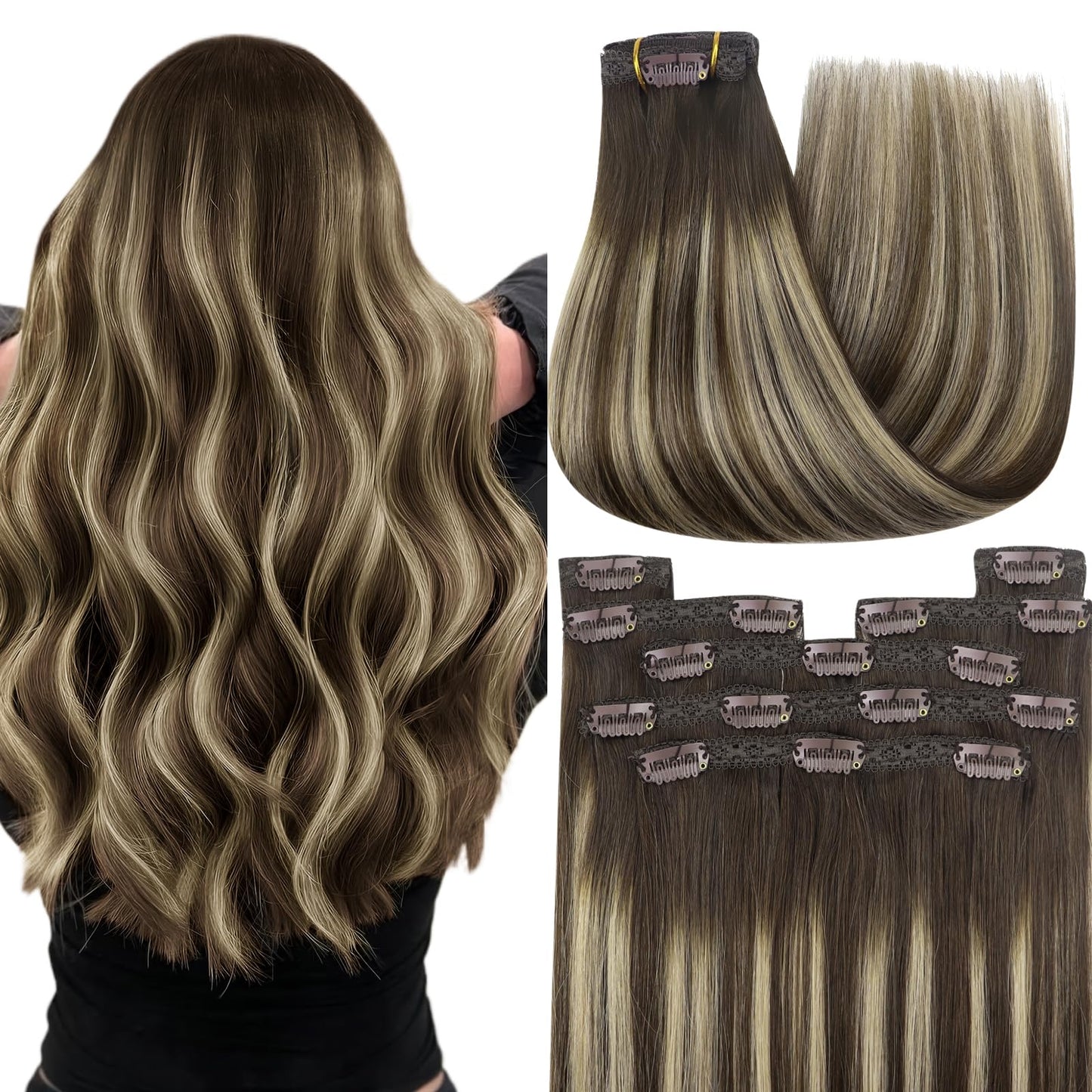 YoungSee Clip in Real Hair Extensions Balayage Brown Human Hair Clip in Extensions Chocolate Brown with Ash Blonde Balayage Real