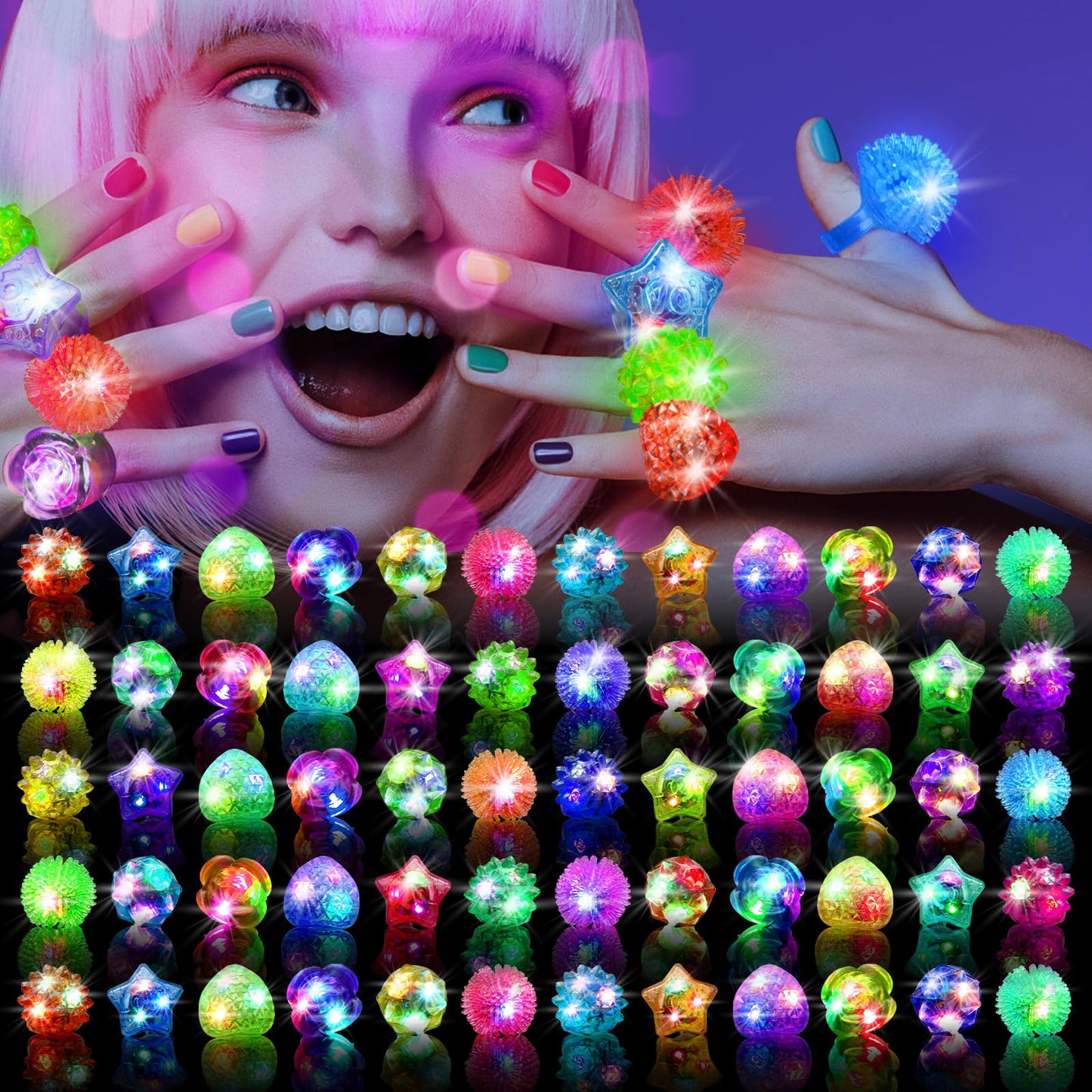 OLUPP 100 Pack LED Light Up Rings, Glow in the Dark Party Supplies, 6 Style Flashing Glow in the Dark Rings for Adults & Kids Birthday Party Favors,Classroom Prizes,Concert,Goodie Bag Fillers, Raves