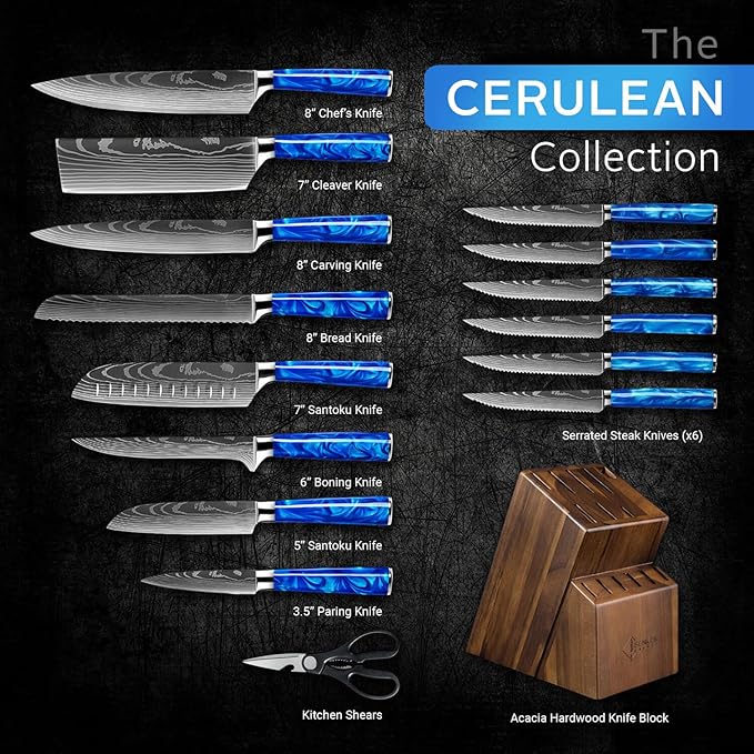 SENKEN 16-Piece Kitchen Knife Block Set - Japanese Chef's Knife Set with Laser Damascus Pattern, Includes 6 Steak Knives and Smoothly Finished Acacia Hardwood Knife Block (Blue Resin Handles)
