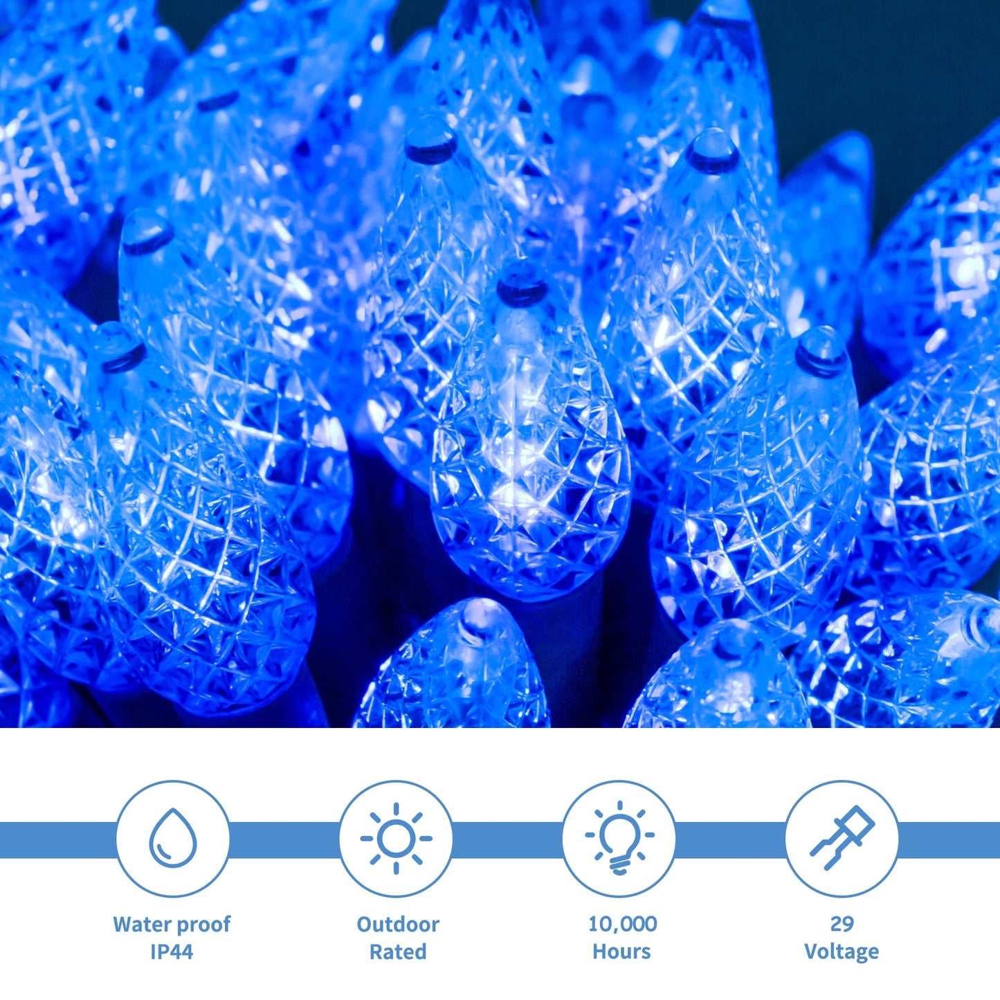 WATERGLIDE 33ft 100 LED Christmas Lights, Blue Faceted Fairy Lights with Green Wire, Waterproof for Indoor Outdoor Decor