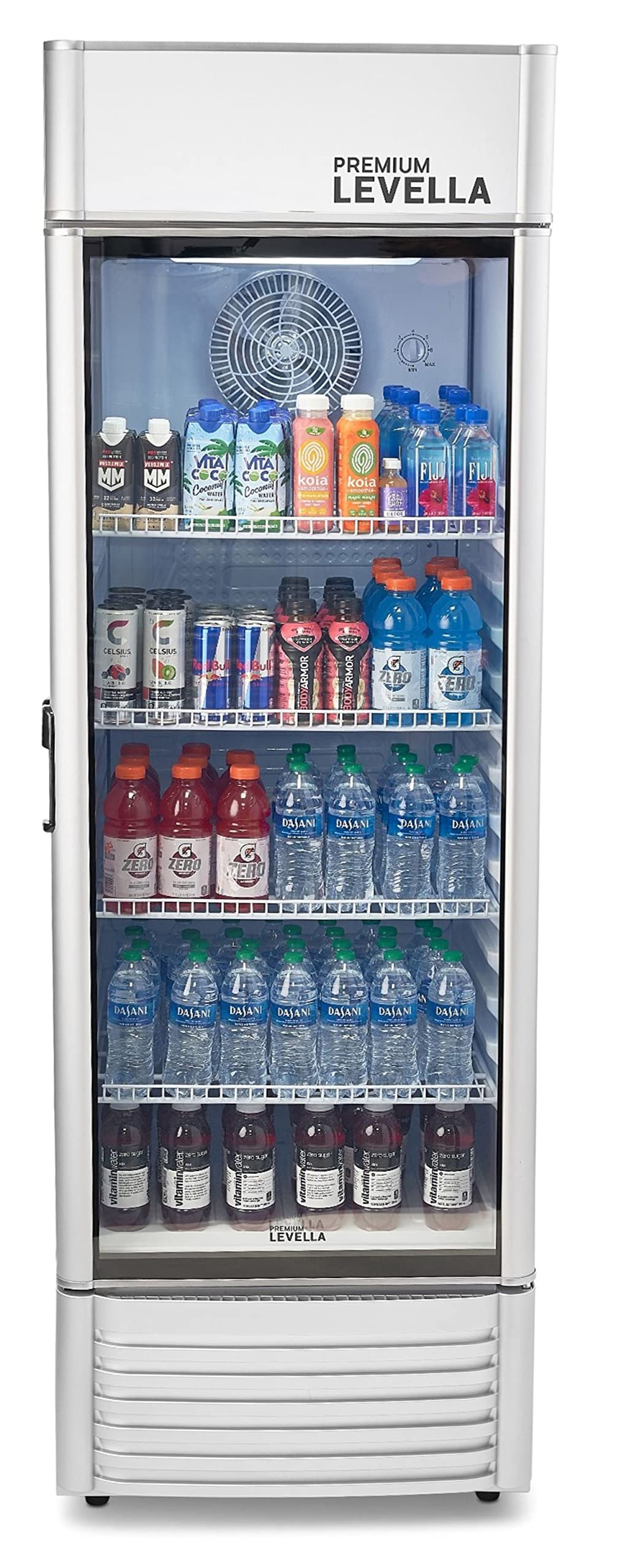 PremiumLevella PRF155DX Glass Door Display Refrigerator 15.5 cu ft Commercial Beverage Cooler Merchandiser With Customizable Lightbox - Silver
