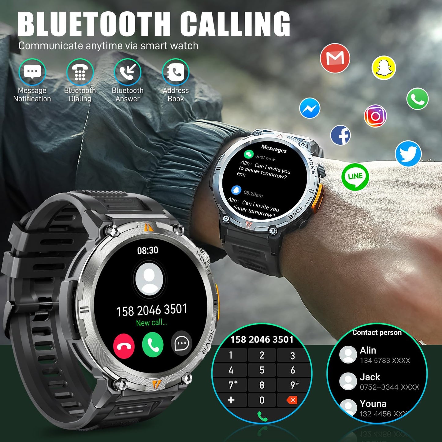 Military Smart Watch For Men With Led Flashlight 3Atm Waterproof Tactical Smart Watch With 100+ Sport Modes 1.45    Fitness Trac