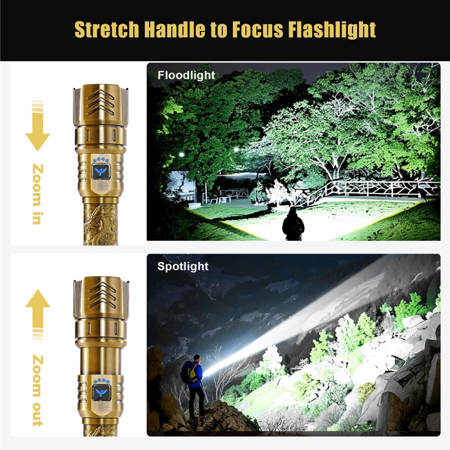 Skyfire Led Flashlights High Lumens With Ignition Lens 3000Lm Rechargeable Super Bright Flashlight Zoomable Four Modes Waterproof Tactical Flash Light For Camping Essentials Outdoor Home&Gifts-Gold