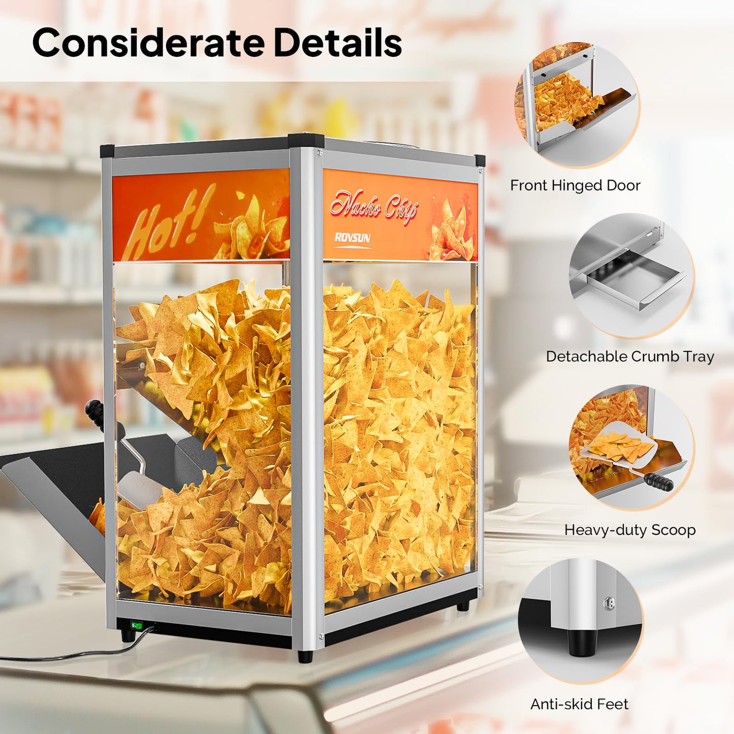 ROVSUN Nacho Machine Food Warmer, Nacho Chip Warmer Countertop Display Case with Warming Light, Removable Deflection, Glass Door, Scoop for Nacho Chips Peanuts Popcorn Stainless Steel