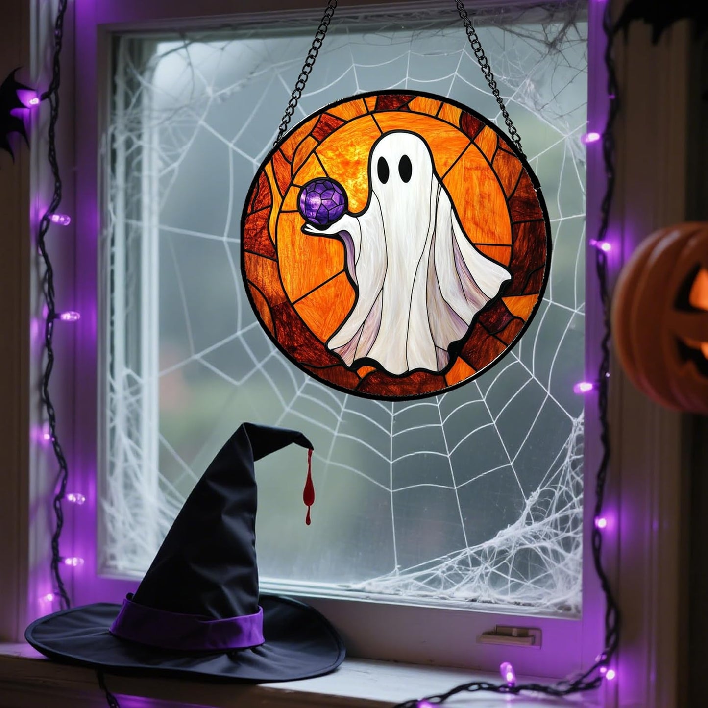 Stained Glass Window Hanging - Halloween Decorations Ghosts Vampire Suncatcher for Doors Garden Indoor Funny Spooky Sun Catchers Gothic Decor Horror Gifts for Women Men Friend 7.8 in