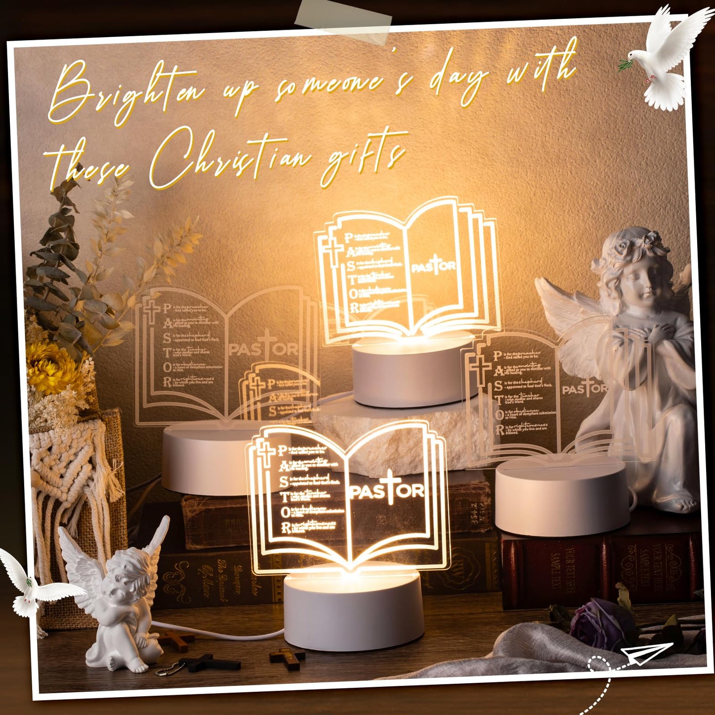 Kosiz 2 Pcs Pastor Appreciation Gift Led Night Light Christmas Christian Gifts Engraved Thank Clergy Sayings Acrylic Lamp With Base Religious Decor Men Women Clergy Staff Retirement (Stylish Pastor)
