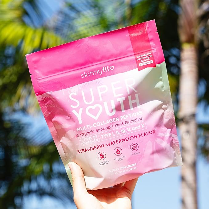 SkinnyFit - Super Youth, Strawberry Watermelon (28 Servings) - Multi Collagen Peptides Powder - Probiotics, Fiber, Hyaluronic Acid - Collagen for Women - Non GMO, Gluten Free, Sugar Free - Self Care
