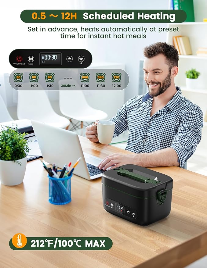 Cordless Electric Lunch Box, 1.2L Battery Powered Heated Lunch Box – 100W, 24000mAh Rechargeable Portable Self-Heating Food Warmer with 5-Sided Automatic Heating for Outdoors, Truck, Office, BPA-Free