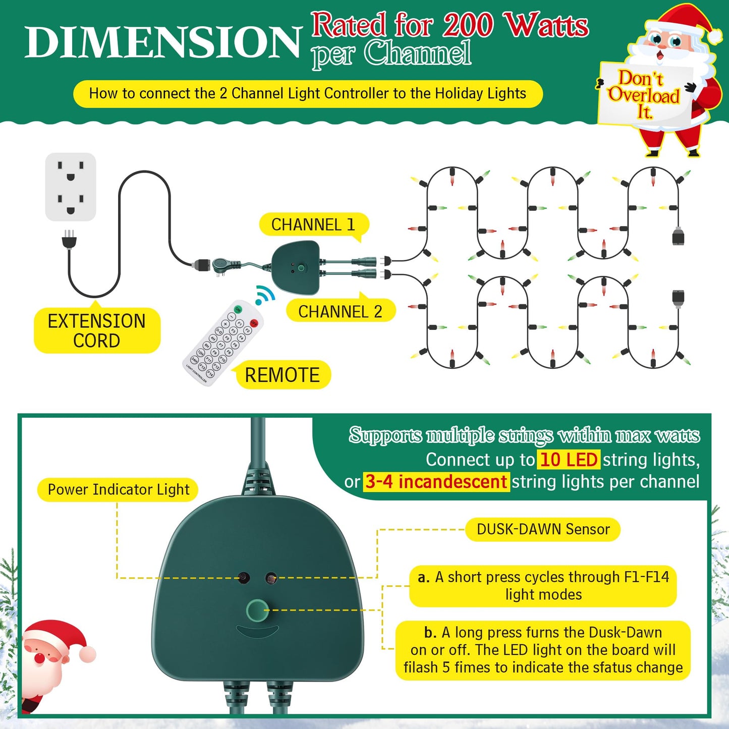Gulfmew Christmas Light Controller With Remote  Create Dazzling Lighting Displays With Multiple Functions  Timer  Dusk To Dawn Sensor  Adjust Speed For Holiday Xmas Lights(2 Channel  14 Functions)