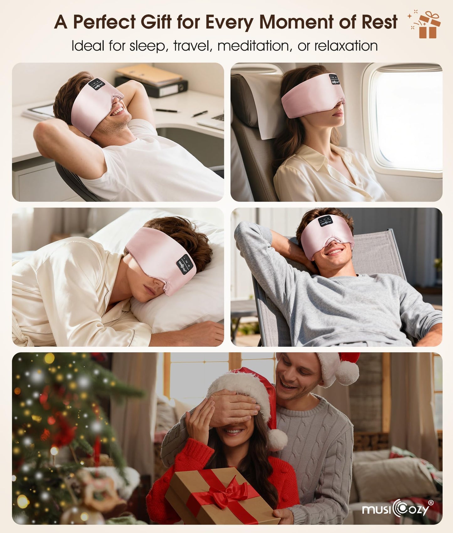 MUSICOZY 3D Silk Bluetooth Sleep Mask Headphones, Mulberry Silk Eye Mask with Ultra-Thin Wireless Speakers, Bluetooth 5.4 Sleeping Headphones for Side Sleepers, Music Sleep Mask Gifts for Men Women