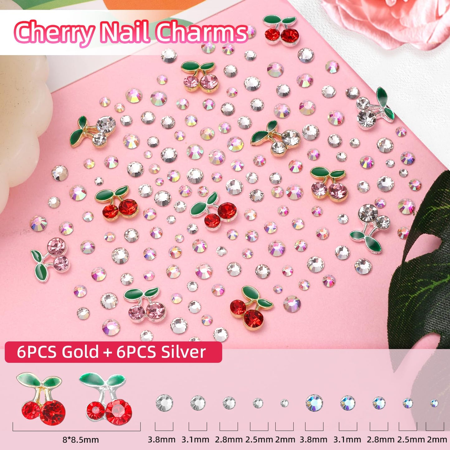 3D Bow Nail Charms and Rhinestones, Color Acrylic 3D Nail Bows Cherry Nail Charms, Bows Blossom Flowers Nail Charms and Gems for