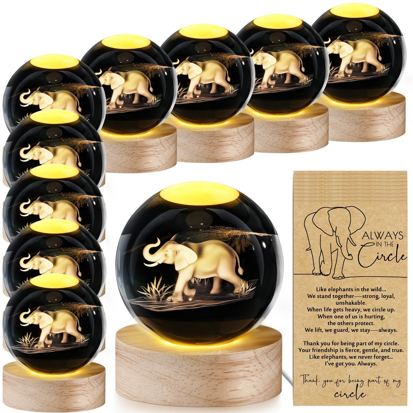 Jetec 10 Sets Thanksgiving Elephant Crystal Ball Night Lamp 3D Elephant Friendsgiving Gift  Light With Wood Base Friendship Card Best Friend Decor Gift For Long Distance Bff Women Christmas Birthday