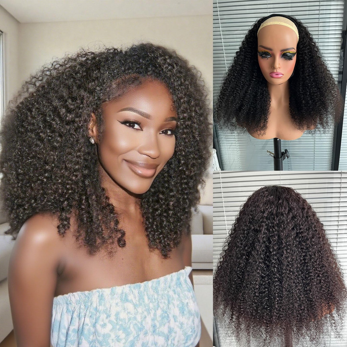 DSEKCAIN Curly Half Wig Human Hair 210 Density 100% Unprocessed Half Wig Kinky Curly Human Hair 3 In 1 Wigs With Drawstring Seam