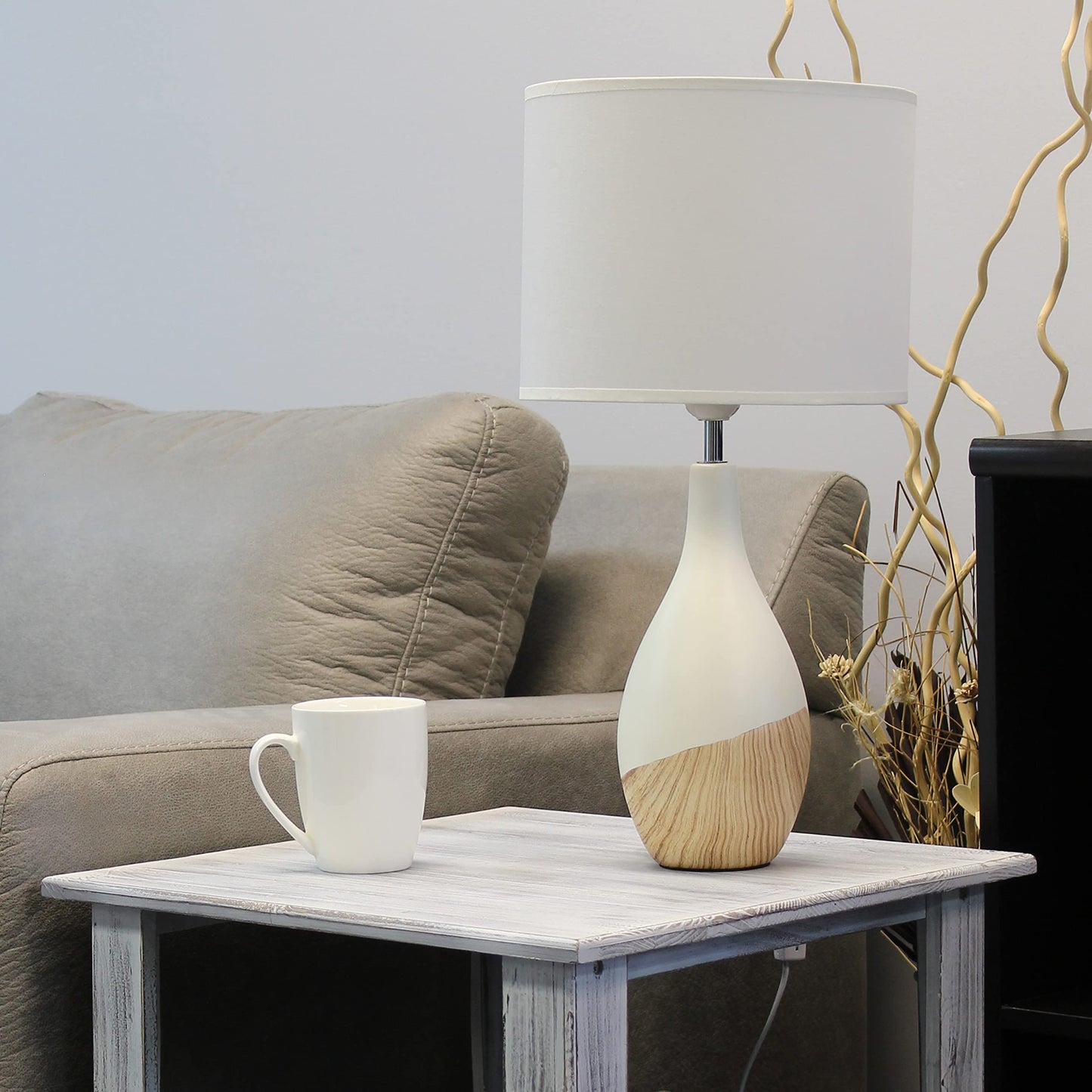 Simple Designs LT1118-LWD Oak Color Bedside Table Lamp, Off White Fabric Shade, 9.45inL x 9.45inW x 19inH