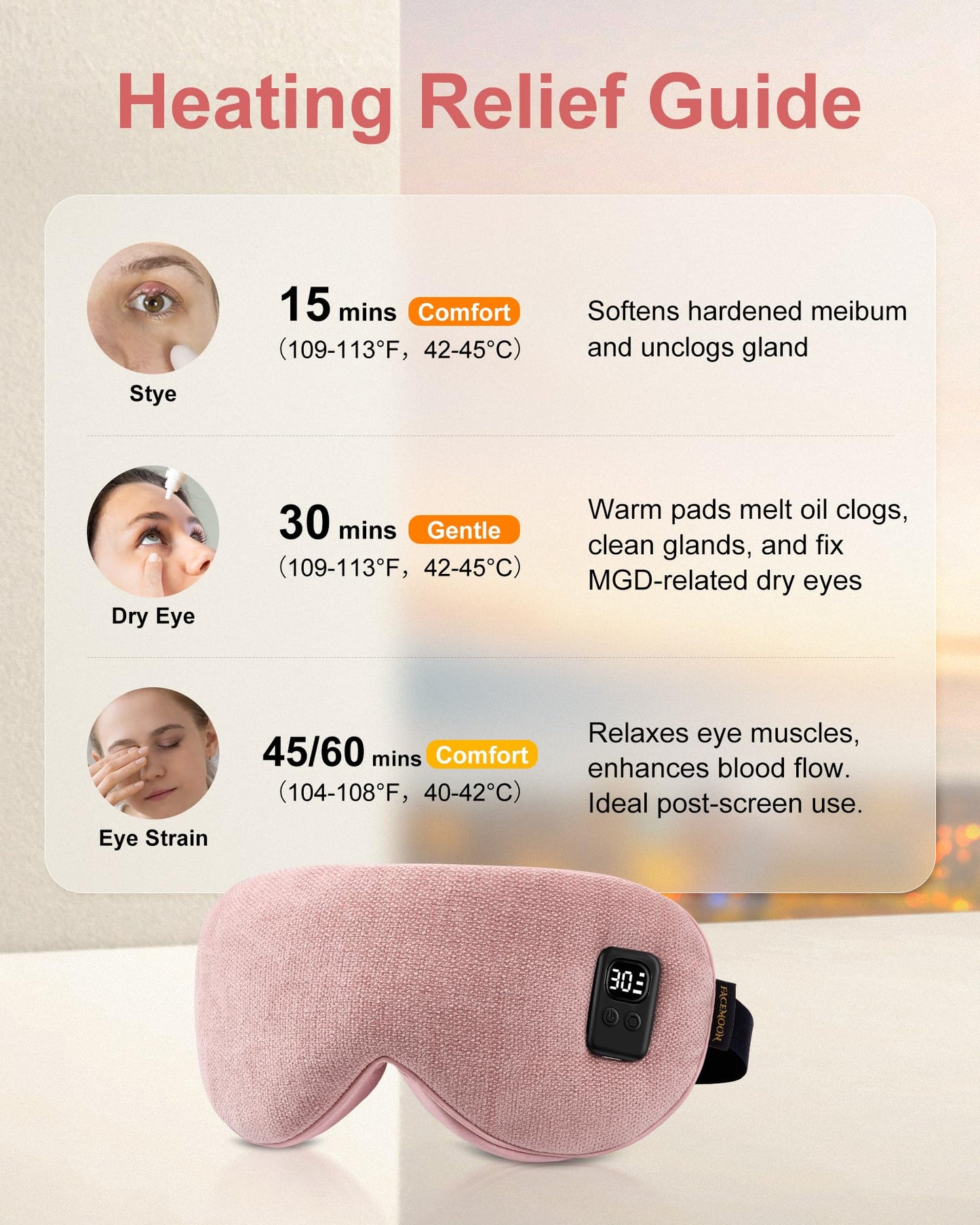Heated Eye Mask for Dry Eyes: Warm Compress for Digital Tired Eyes, Stye Relief - Cordless, Adjustable Heat & Timer Settings - Airplane/Road Travel, Sleep aid, Office nap Pink