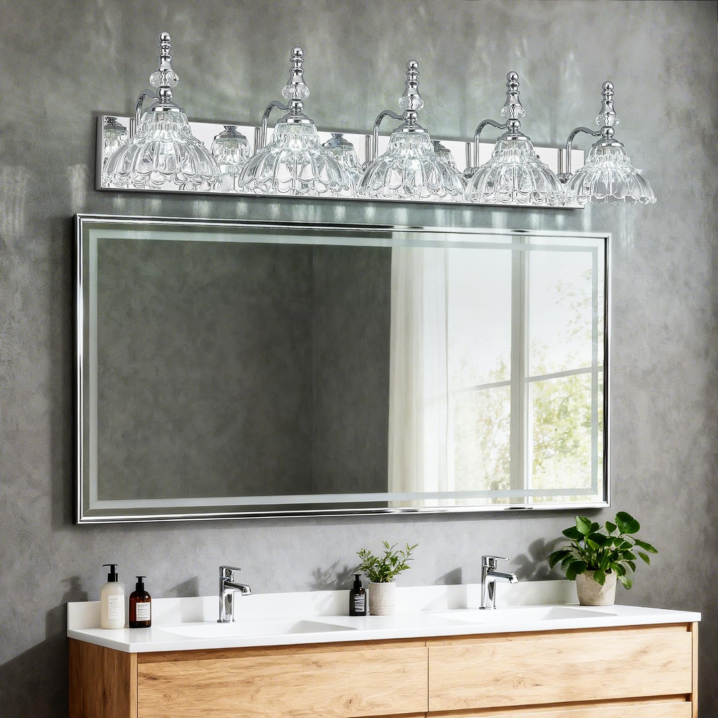 Lbsqj Vintage Bathroom Vanity Light  5-Light Chrome Vanity Lighting Fixture With Flower Glass Shade  Bathroom Lighting Fixtures Over Mirror