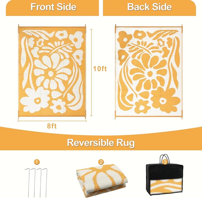 Wonnitar Outdoor Rugs 8x10,Waterproof Large Plastic Outdoor Patio Rug Clearance,Reversible Outside Portable Camping Mat,Abstract Floral Lightweight Carpet for Balcony Beach RV Camper (Orange, 8'x10')