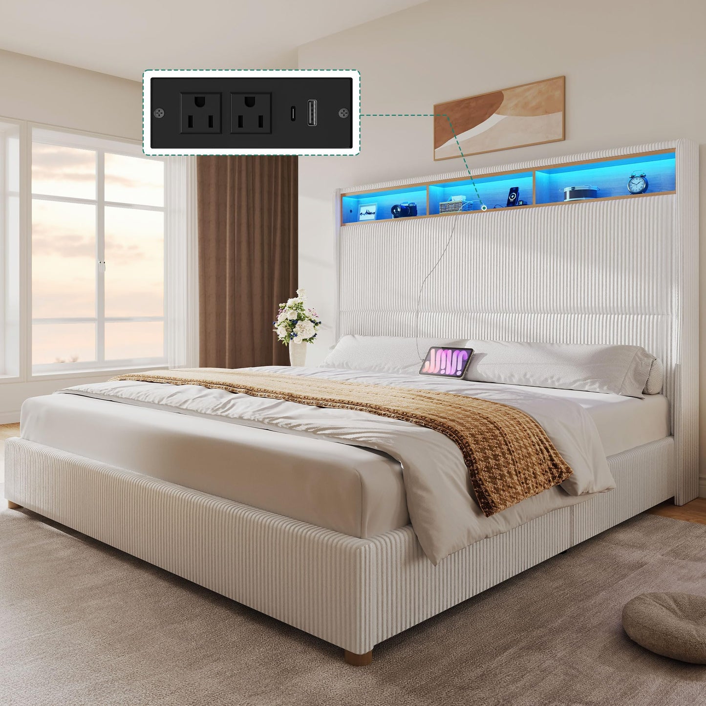DWVO King Size Corduroy Upholstered Platform Bed Frame with Charging Station and RGB LED Lights, 53’’ Tall Storage Wingback Headboard, No Box Spring Needed, Easy Assembly, Noise-Free, White
