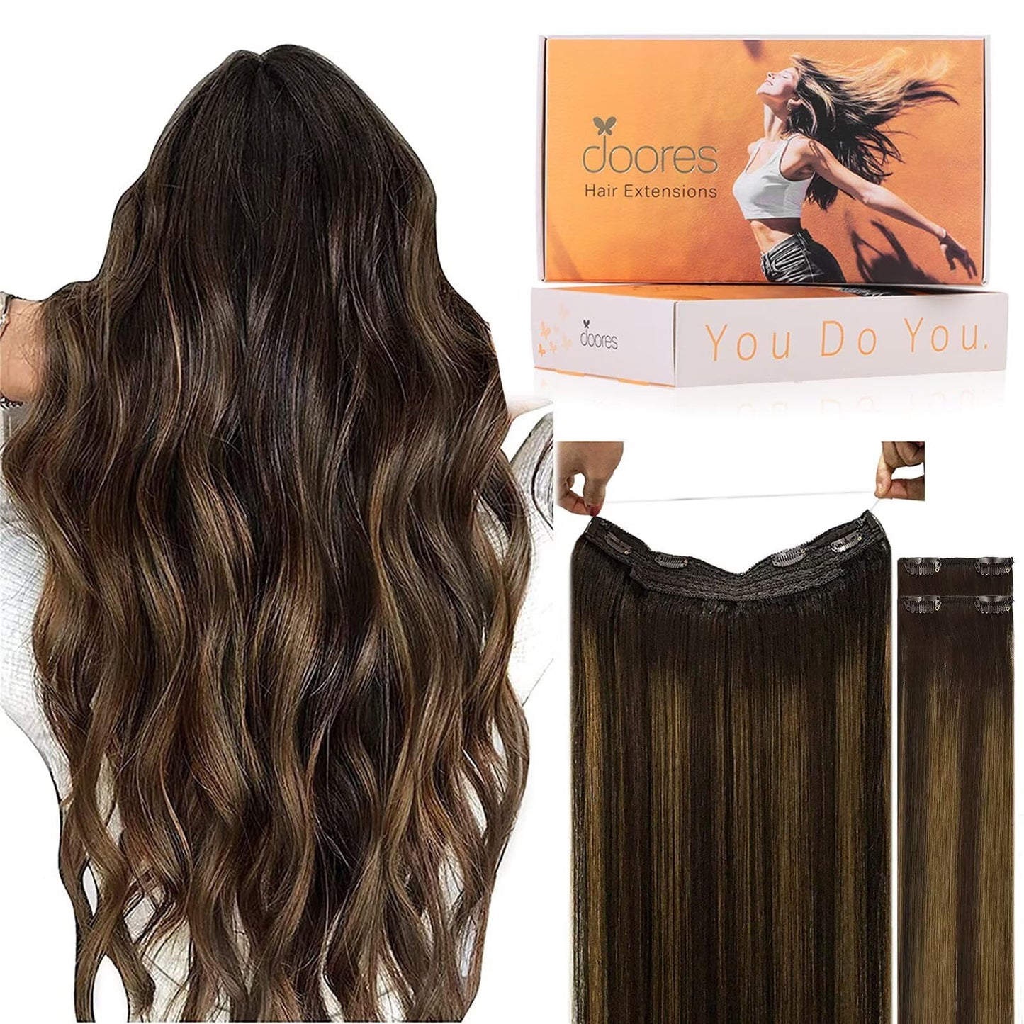 DOORES Wire Hair Extensions, Balayage Chocolate Brown to Caramel Blonde 16 Inch 95g Fish Line Weft Extensions and 2pcs 30g Clip