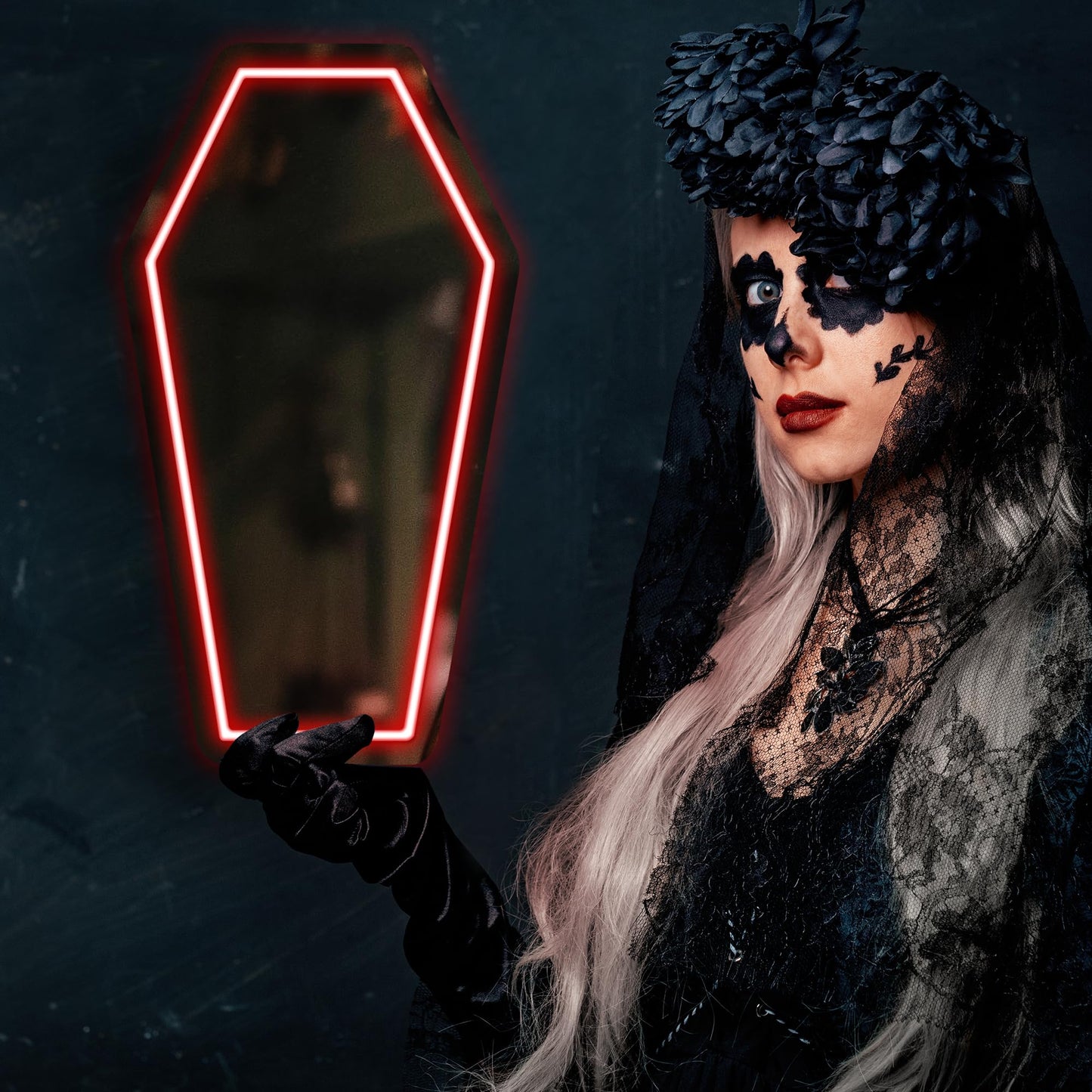 Kavaas Gothic LED Neon Coffin Mirror 16.9in x 9.6in, Coffin Neon Mirror for Room Decor, Halloween Wall Art, Best Gifts for Goth Lovers