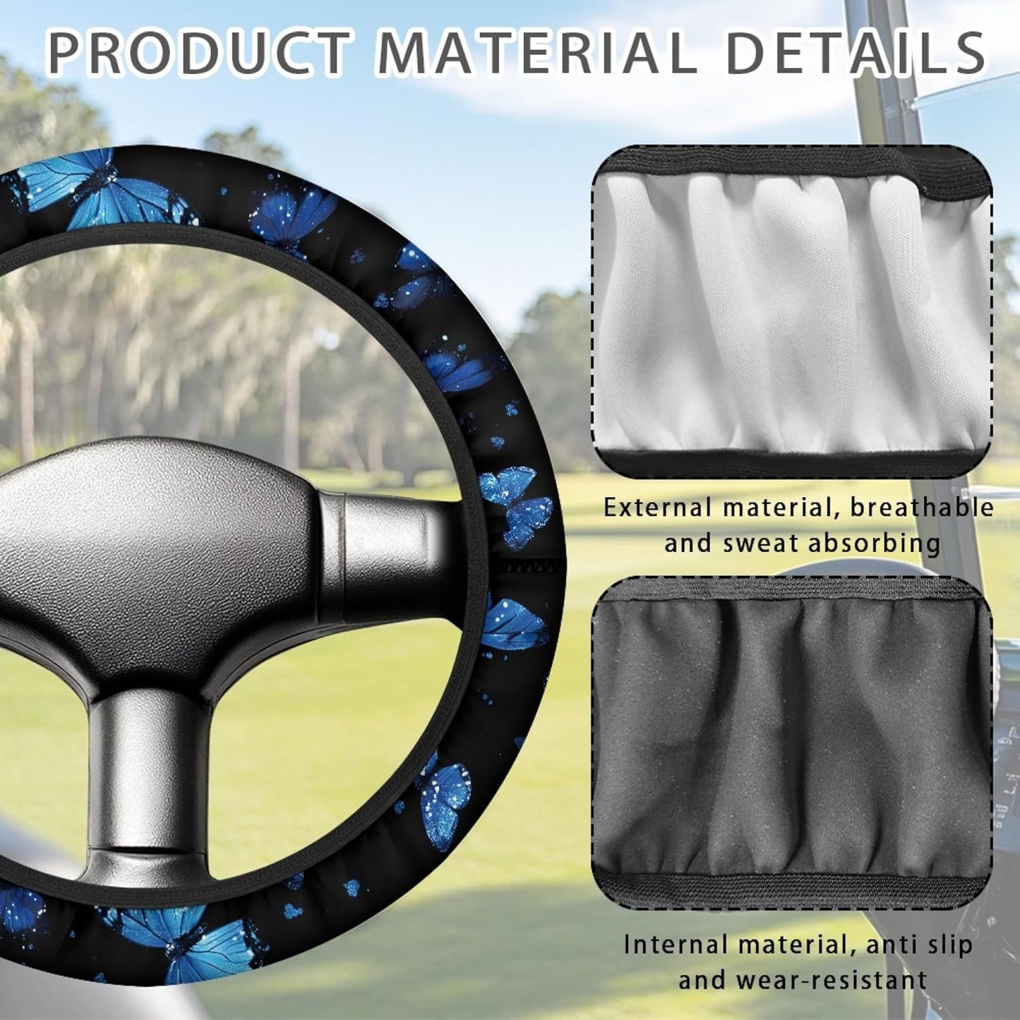 Butterfly Golf Cart Steering Wheel Cover 13 Inch - 14 Inch Anti Slip Golf Cart Steering Wheel Covers Stretchable Golf Cart Accessories for Club Car Easy to Use and Clean