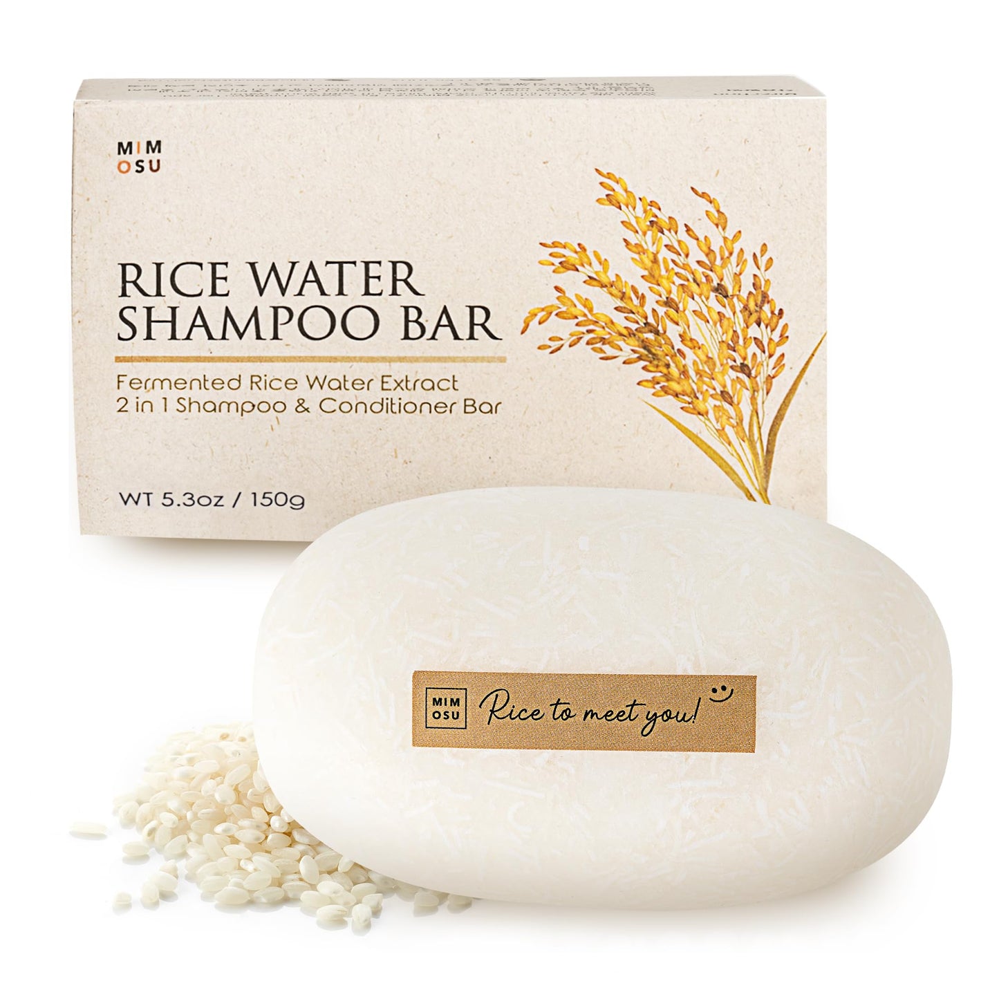 mimosu Hair Growth Shampoo Bar, Fermented Rice Water 2-in-1 Shampoo & Conditioner, 5oz, Unscented, pH Balanced, Solid Bar for Oi