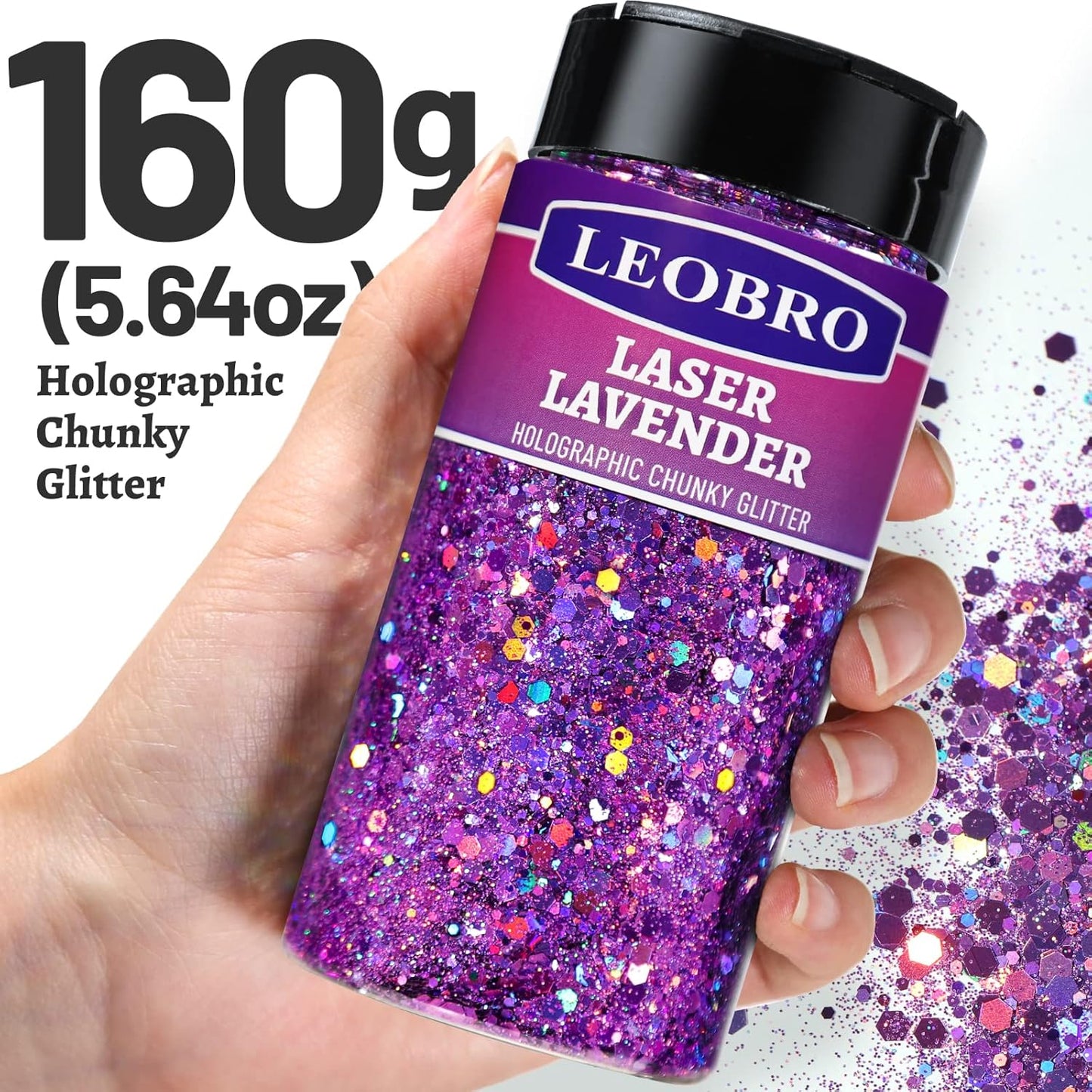 LEOBRO Purple Glitter, 160g/5.64oz Holographic Chunky Glitter for Crafts, Resin, Nail Body, Tumblers, Party Decorations