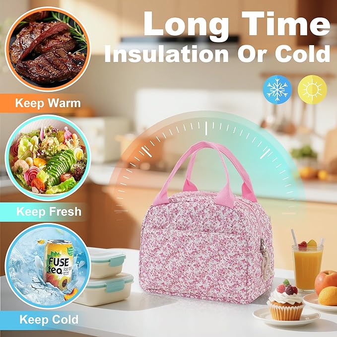 Lunch Bag for Women Insulated Lunch Box Reusable Cooler Bag Portable Cute Floral Quilted Cotton Bag Leakproof Tote Bags for Travel, Work, and Picnic, Blush Bloom