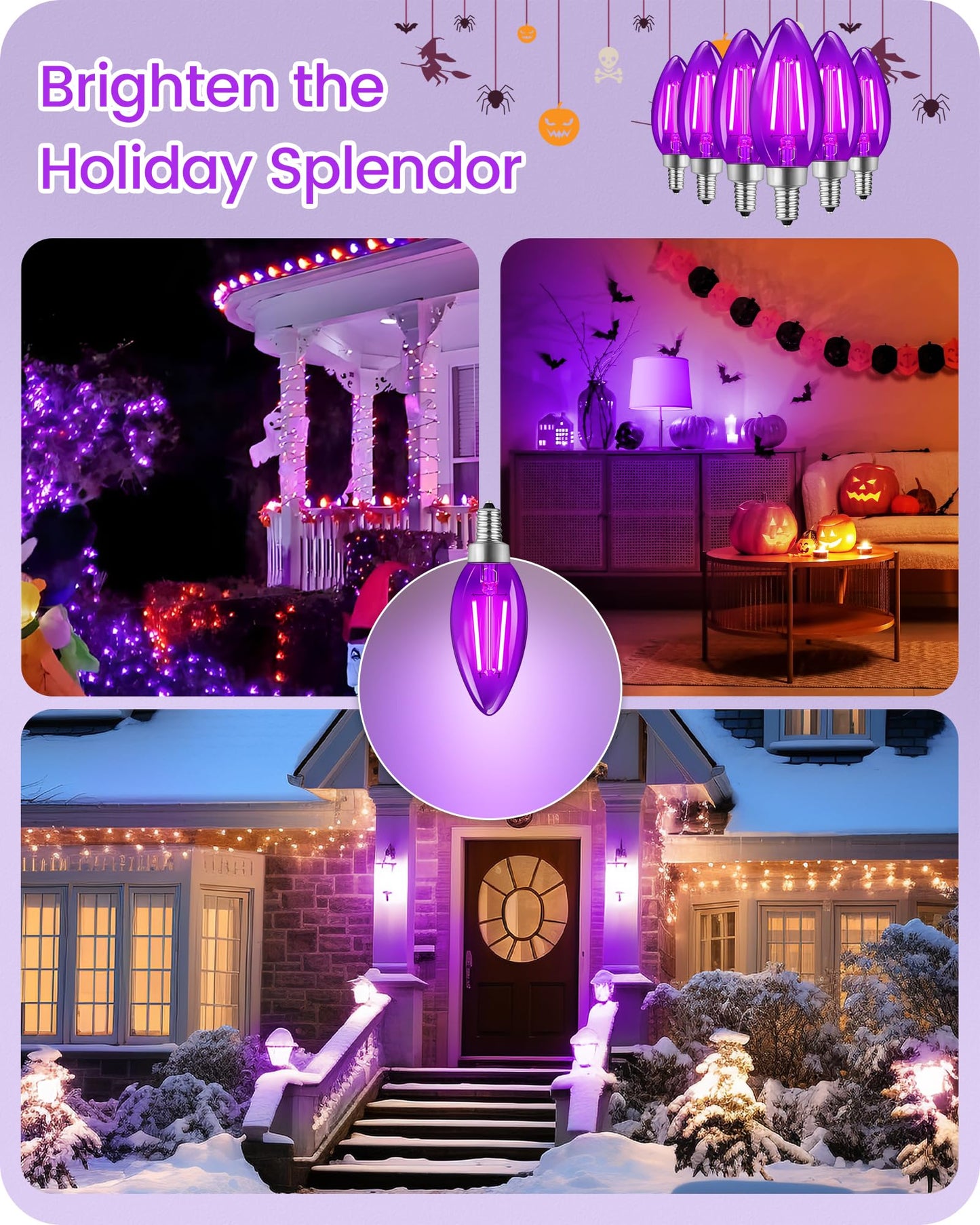 Goebleson Purple E12 Led Light Bulbs  C35 5W (60W Equivalent) Glass Dimmable Chandelier Bulbs  Decorative Lighting For Christmas  Halloween  Party  Holiday Decoration  6 Pack P2C3P605