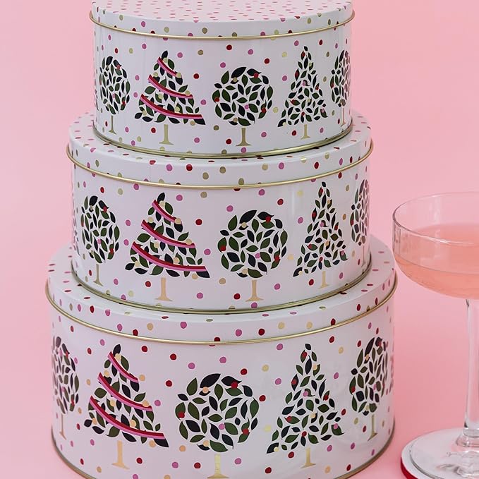 Kate Spade New York Metal Cookie Tins, 3-Piece Nesting Set, Small, Medium & Large, Christmas Containers for Gift & Storage, Evergreen Confetti Dot