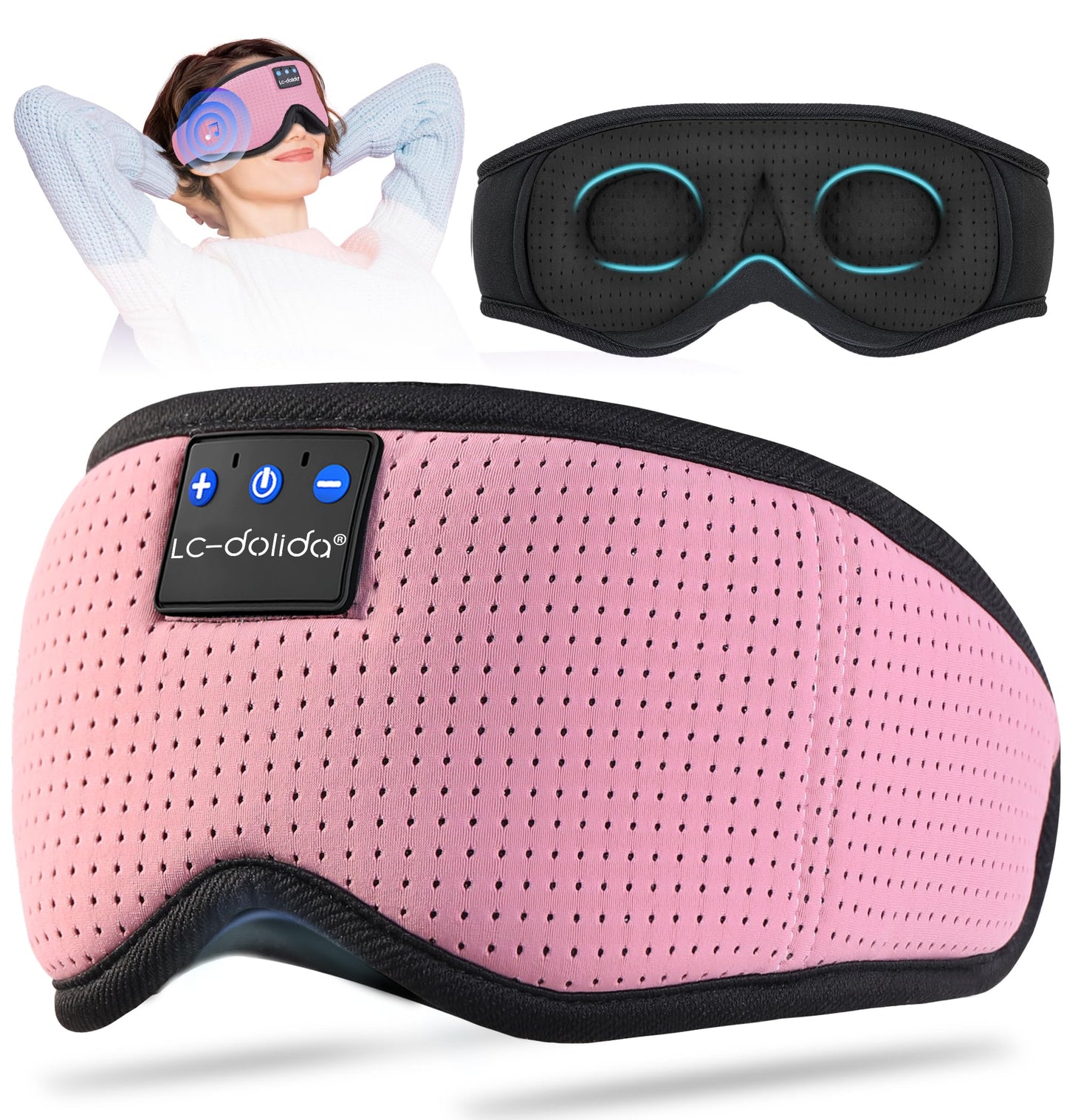 LC-dolida Sleep Headphones, 3D Sleep Mask Bluetooth Wireless, Sleeping Headphones for Side Sleepers Sleep Eye Mask Music Weighted Sleeping Mask Meditation Gifts for Men Women (Rose Pink)