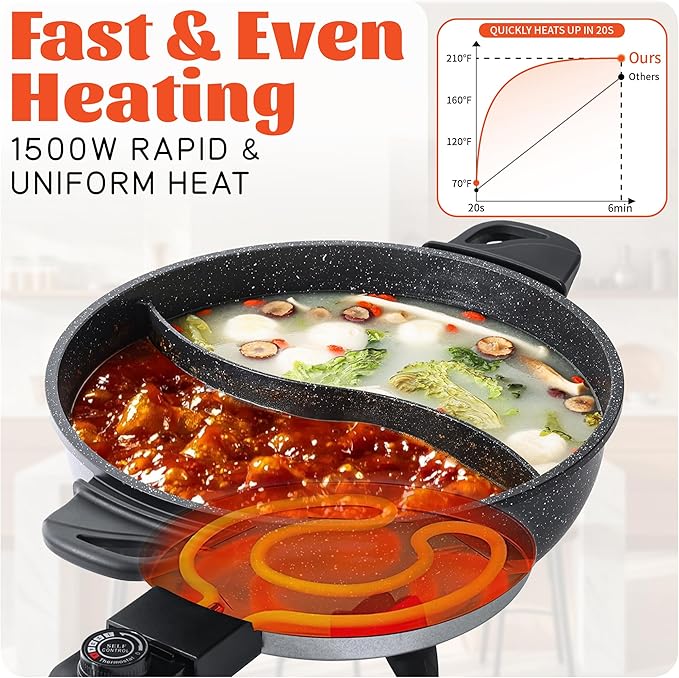 TWIN™ Electric Hot Pot with Divider | EvenHeat Cast Aluminum Non-Stick Pot for No-Spot Cooking | 1500W Fast Heating | Dual-Flavor Shabu Shabu Pot for Family Use | 1-Yr Warranty