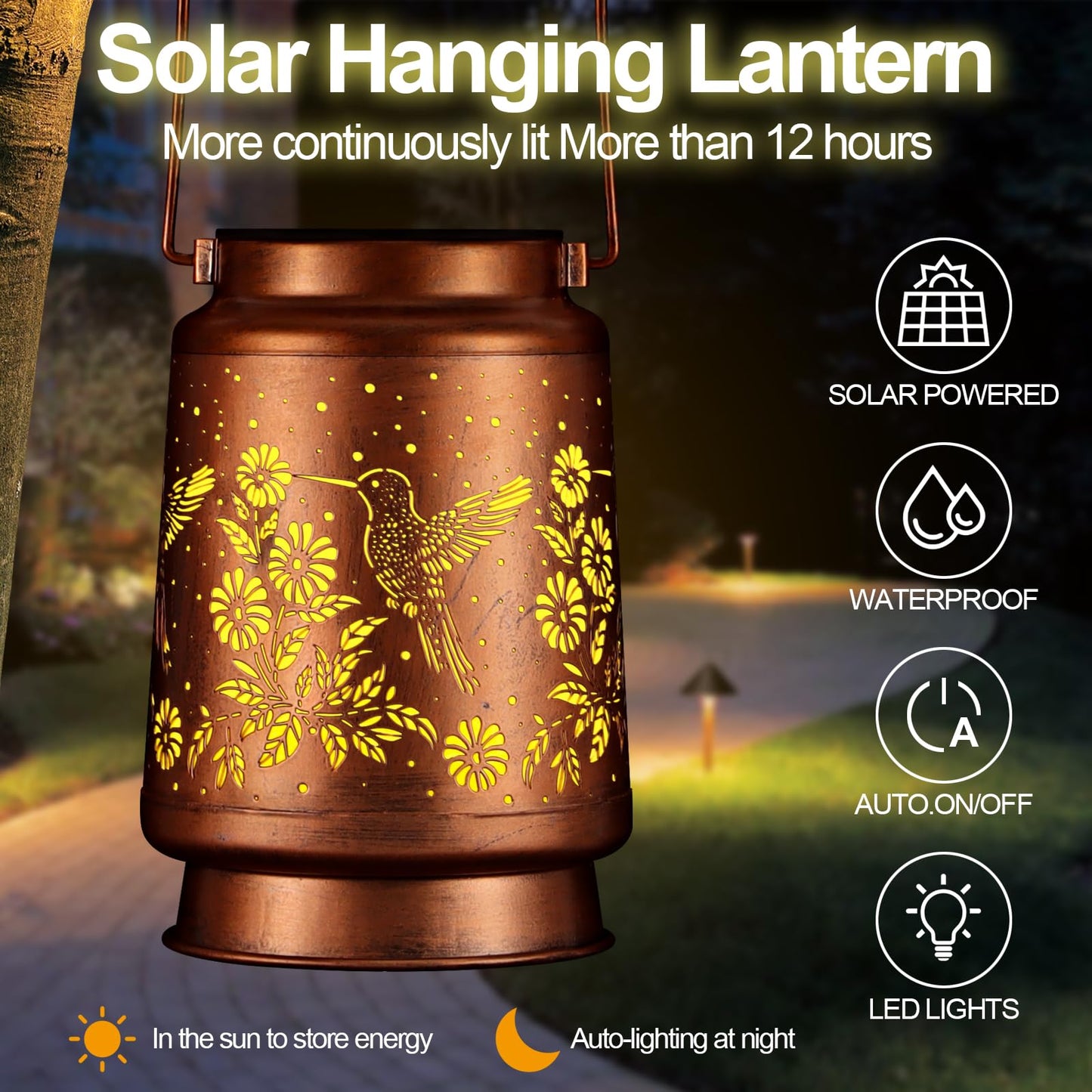 Solar Lantern Outdoor Hanging Waterproof Outside Metal Openwork Hummingbird Pattern Birthday Gifts For Women Mom Landscape Lights For Porch Garden Yard Patio Pathway Decor(Great Hummingbird)