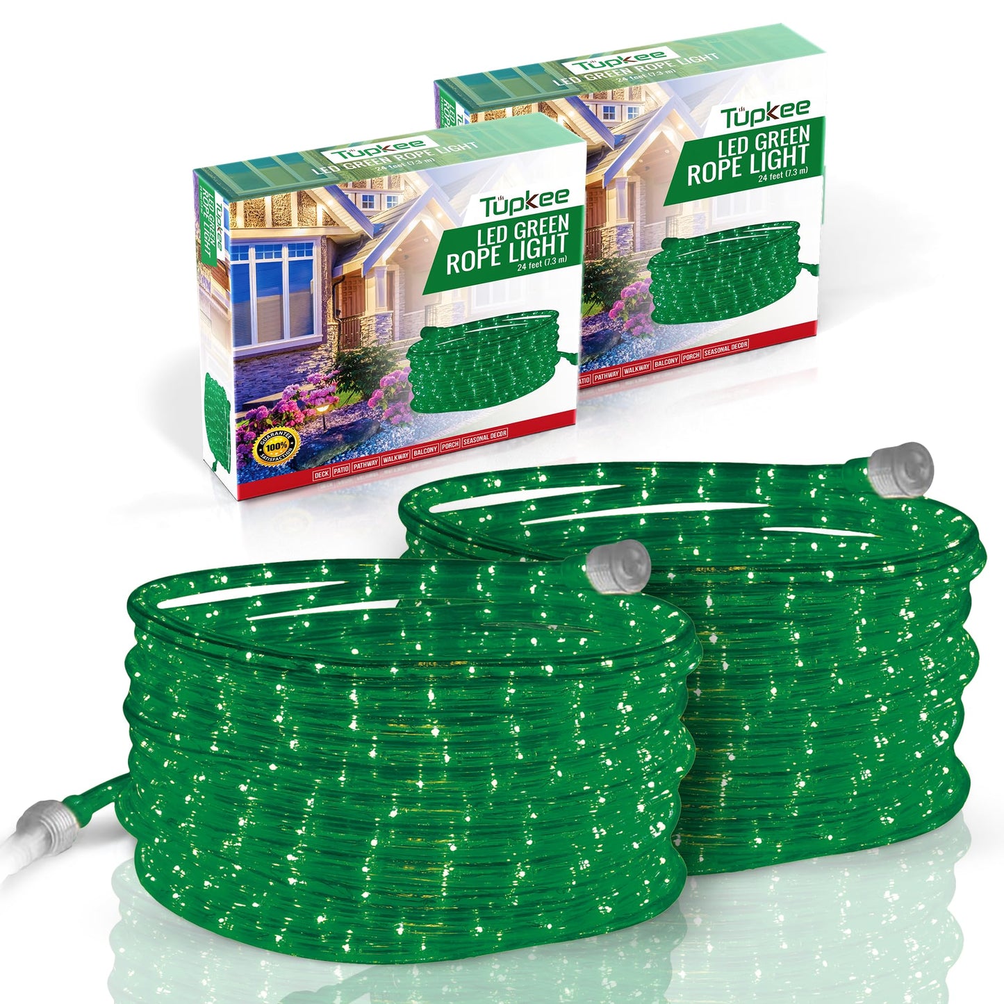 Tupkee LED Rope Light 24ft Green, Indoor/Outdoor Use, 10mm Diameter, Pack of 2, Long Life 144 LED Bulbs, PVC Tube and Copper Wire