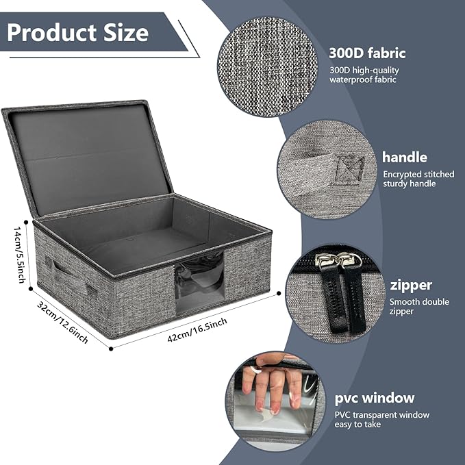 Platter Storage Case - Plate Storage Containers with PVC Windows,16.5“x12.6x5.5'', Stackable China Storage Containers Hard Shell,4 Felt Dividers Included for Dish,Plate, Dinnerware and Transport(Gray)