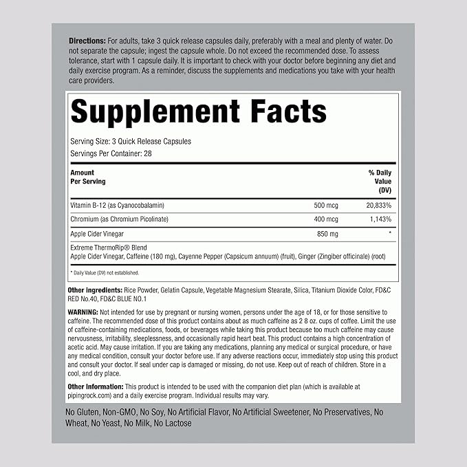 Piping Rock Apple Cider Vinegar Capsules | 84 Pills | with Vitamin B12, Chromium, and Cayenne | Non-GMO, Gluten Free Supplement | by Fitness Labs