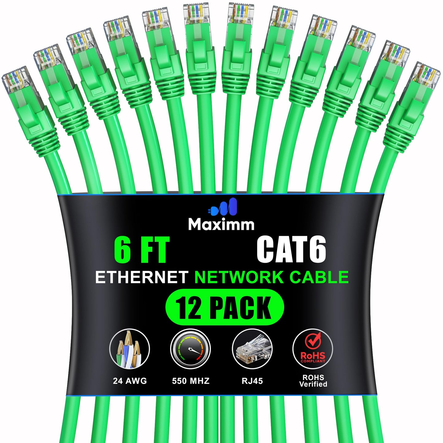 Maximm Cat 6 Ethernet Cable - 6 Ft (12-Pack), High-Speed Lan, Internet, Patch, And Network Cable - Utp, 10Gbps, 550Mhz - Green