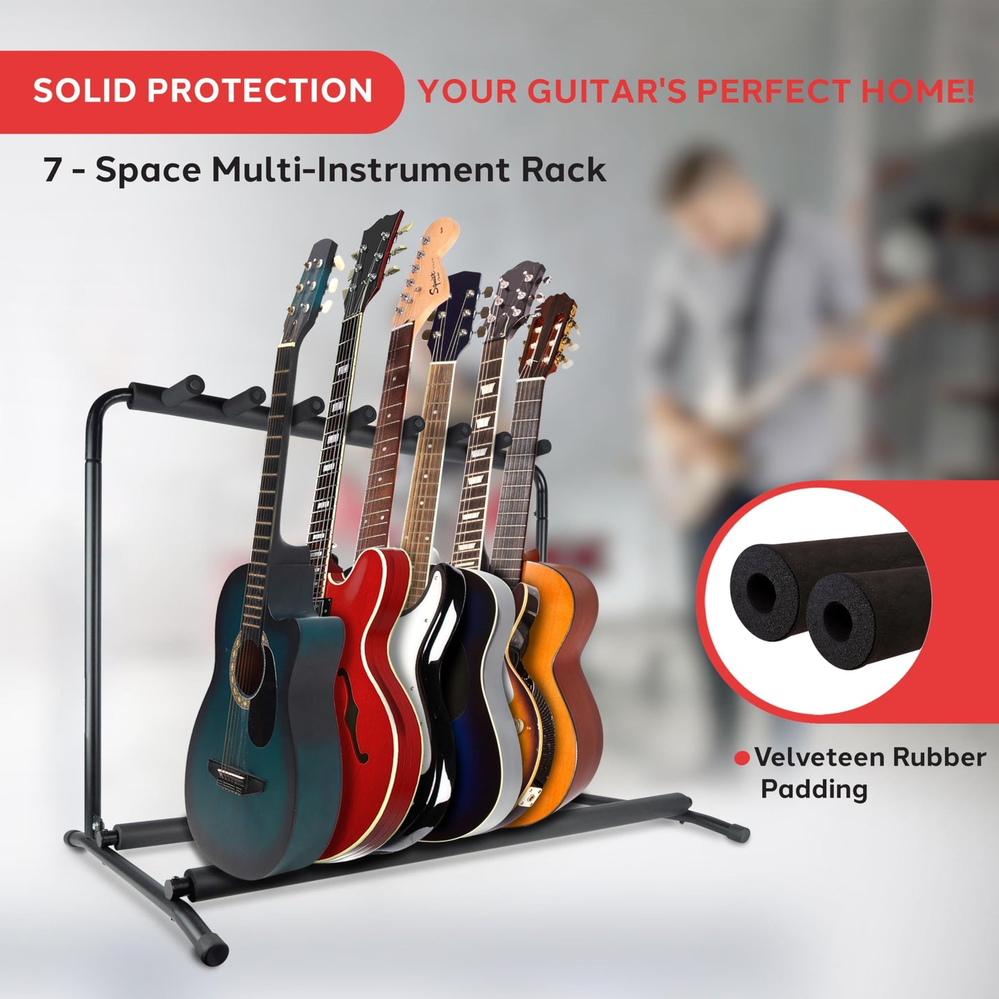 Pyle Multi-Guitar Stand 7 Slot Display Rack - Universal Framework Designed For Electric, Acoustic, Bass Guitars & Cases - Foldab
